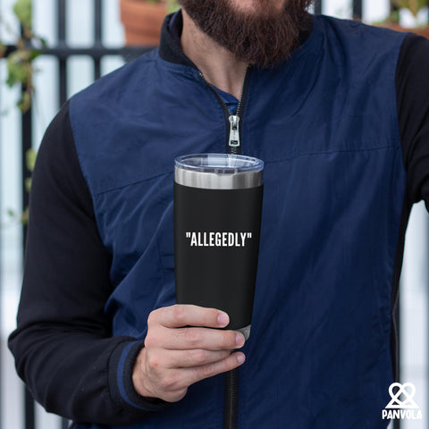 Panvola Allegedly Lawyer Mug with straw demonstrates easy sipping on the move