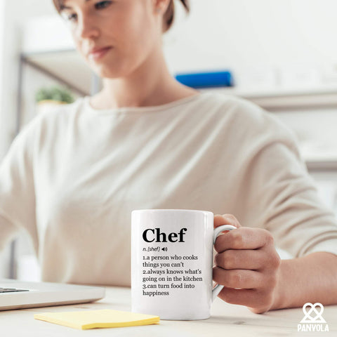 Panvola Chef Definition Mug, dishwasher-safe for easy cleaning and reuse.