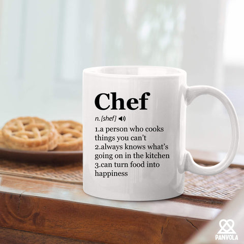 Panvola Chef Definition Mug, microwave-safe for quick reheats of your drink.