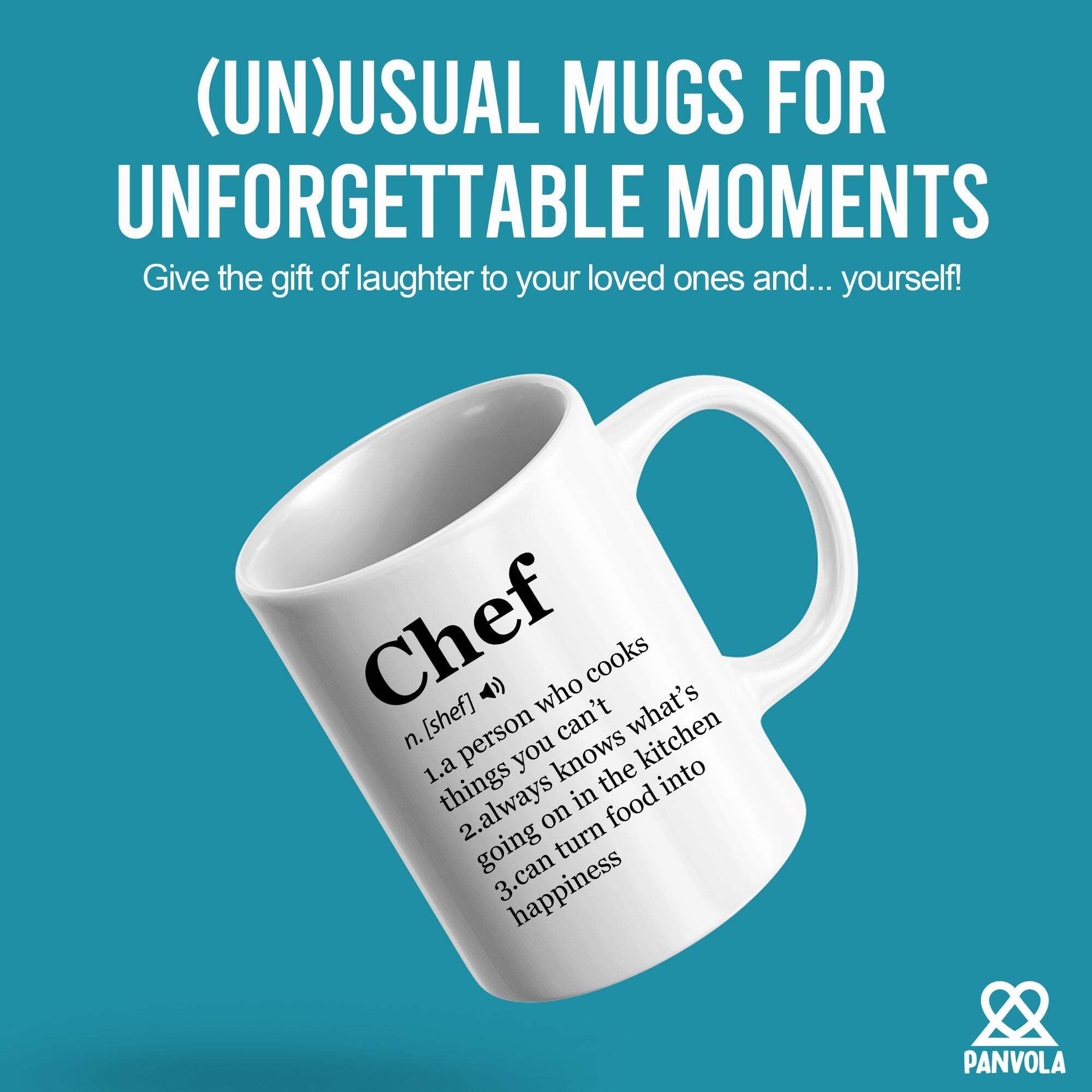 Panvola Chef Definition Mug, side quote, humorous message brightening kitchen routines.