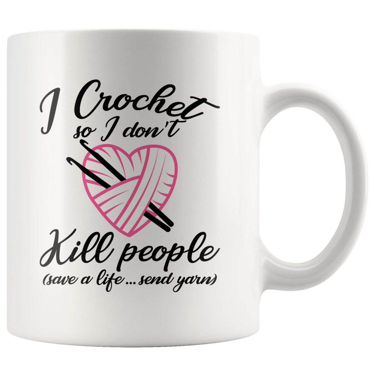 Panvola crochet mug front view with Save A Life, Send Yarn, ideal for daily coffee breaks