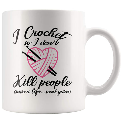 Panvola crochet mug front view with Save A Life, Send Yarn, ideal for daily coffee breaks