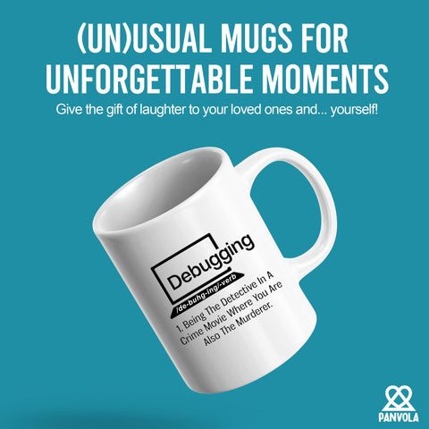Panvola debugging mug, back view, double-sided print for visibility