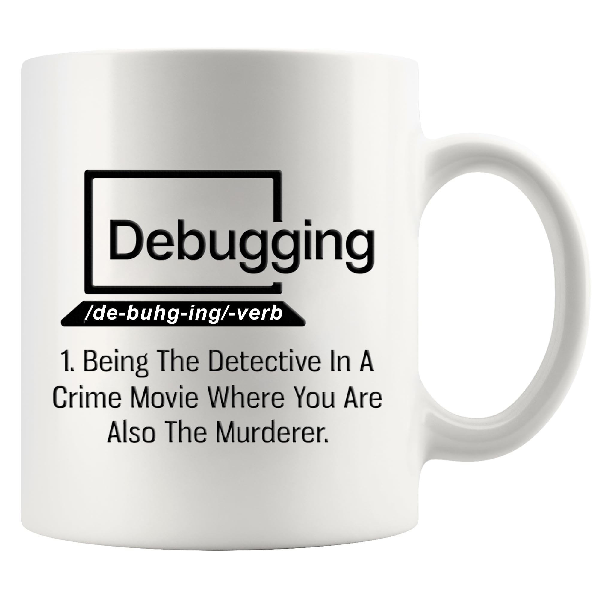 Panvola debugging quote mug, front view, boosts coder mood at startup