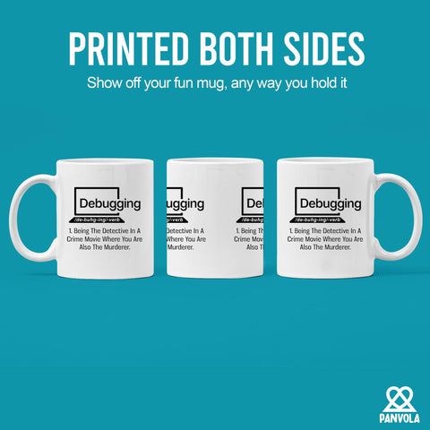 Panvola debugging quote mug, left side view with vibrant print