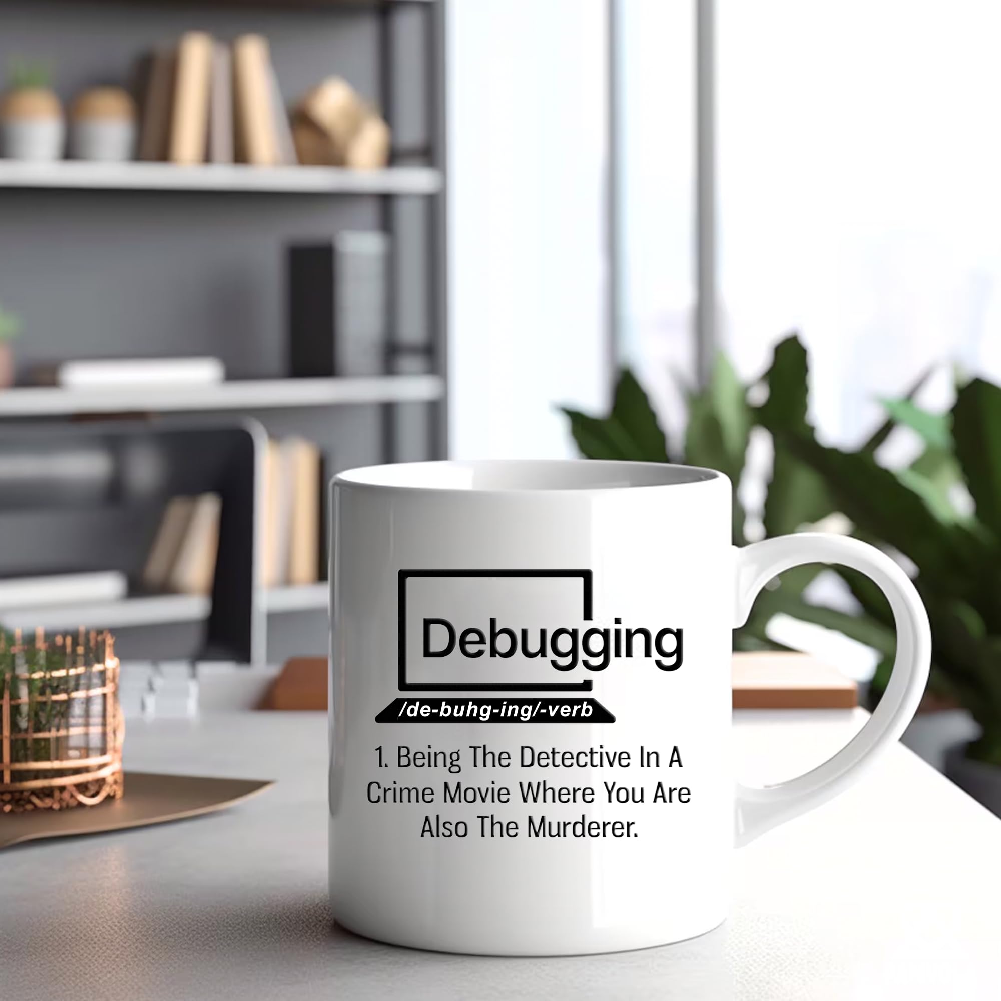 Panvola debugging mug, right side view with glossy ceramic finish