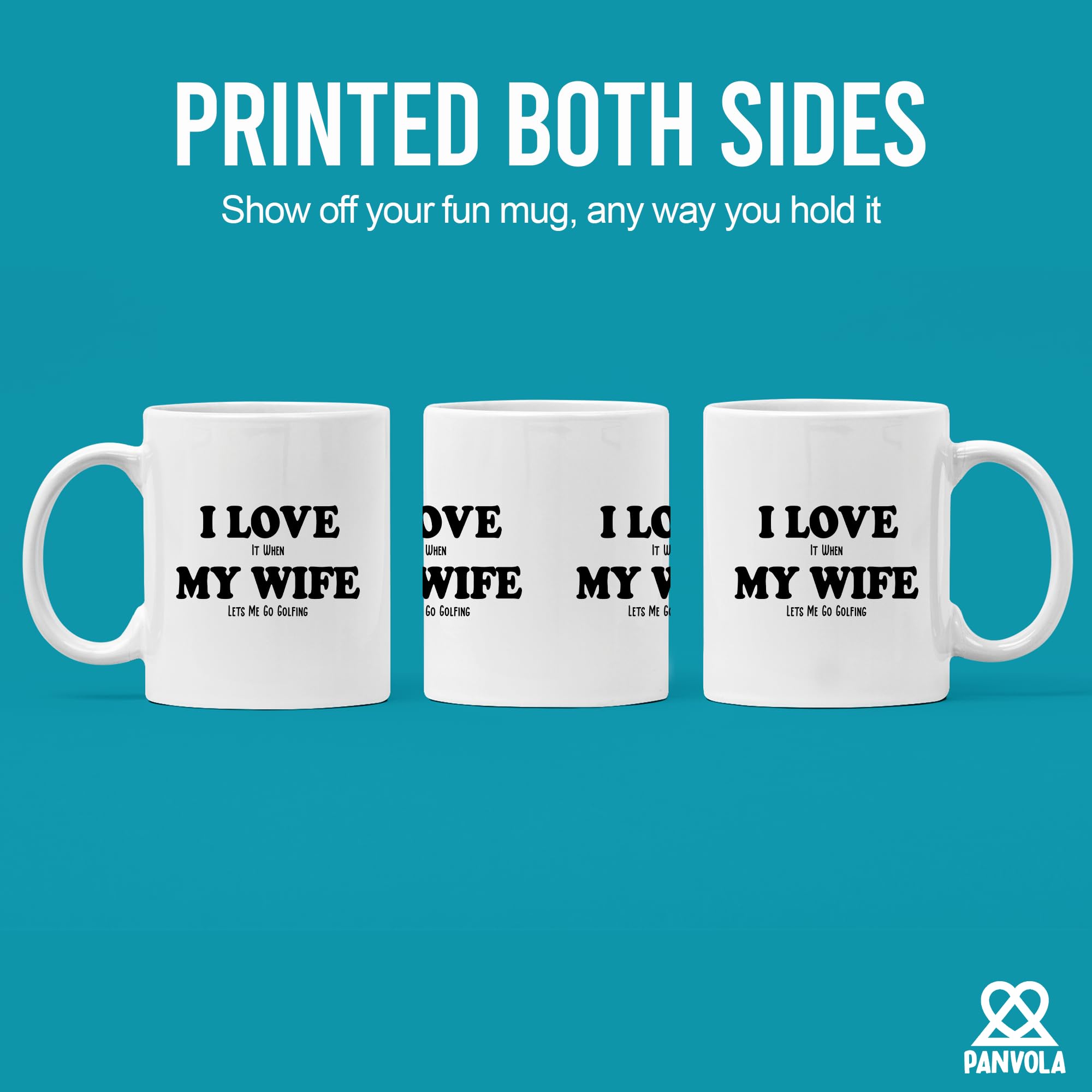 Panvola golf mug close-up of the witty quote for gifting.