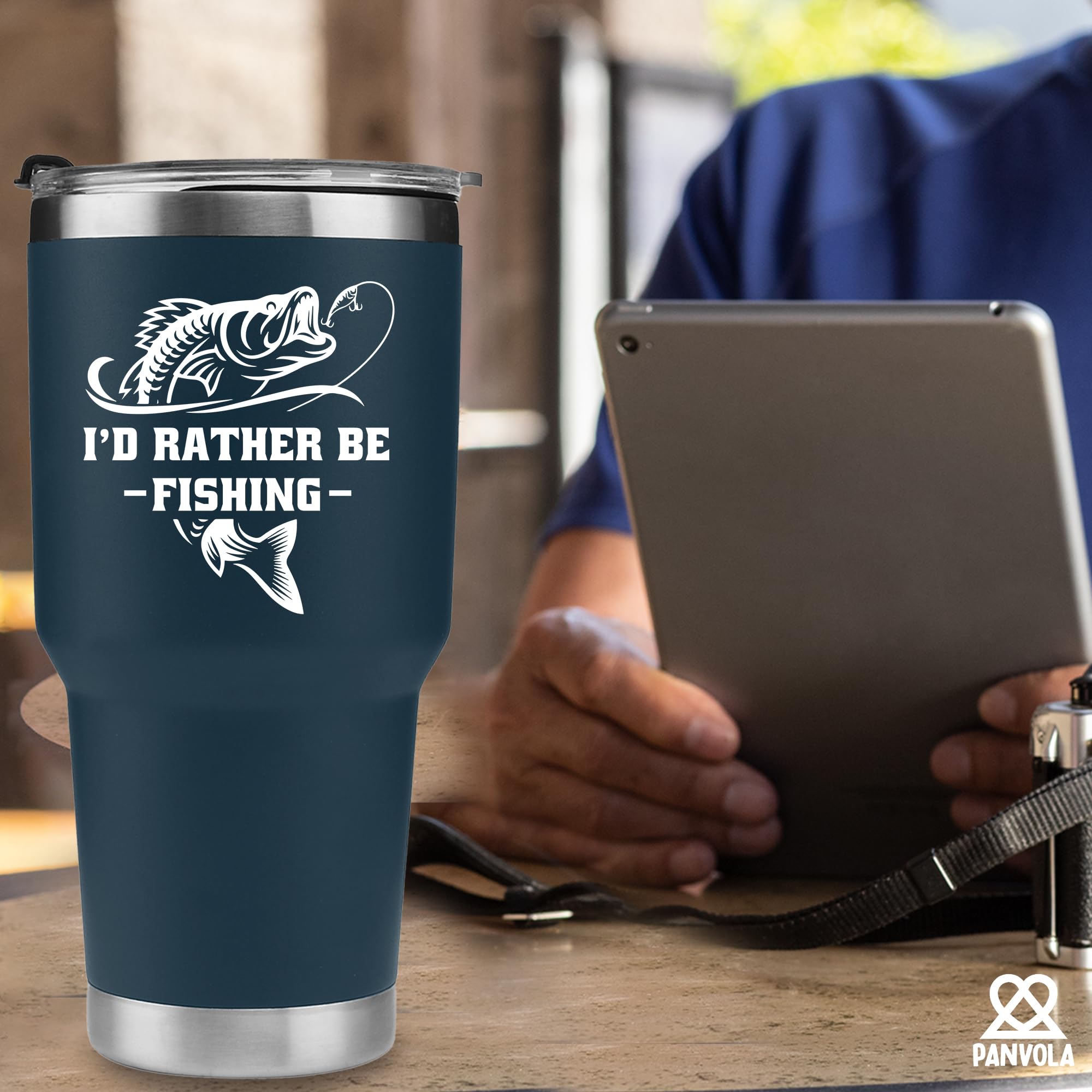 Panvola blue tumbler on desk during coffee break