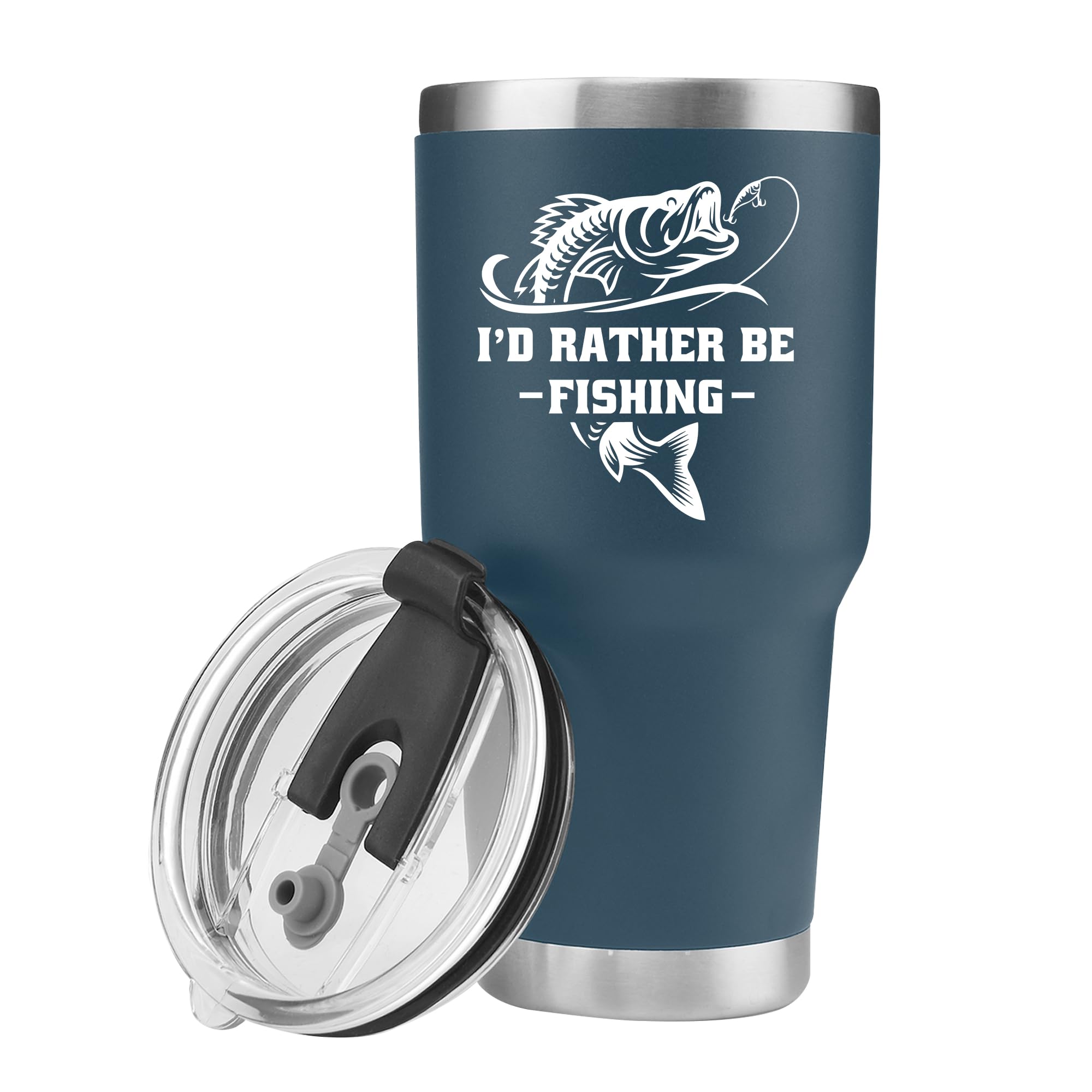Panvola I'd Rather Be Fishing tumbler blue front view keeps drinks hot or cold