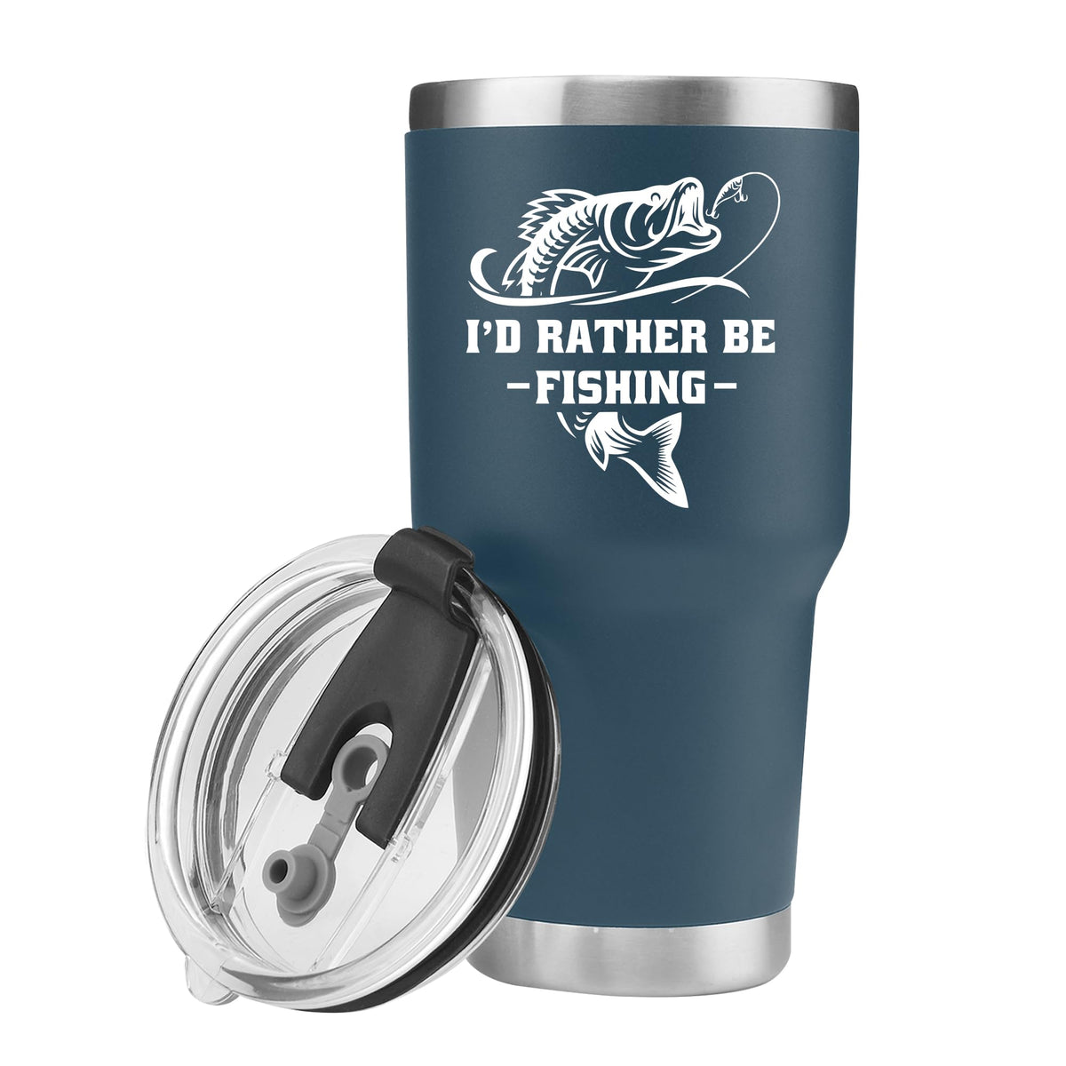 Panvola I'd Rather Be Fishing tumbler blue front view keeps drinks hot or cold