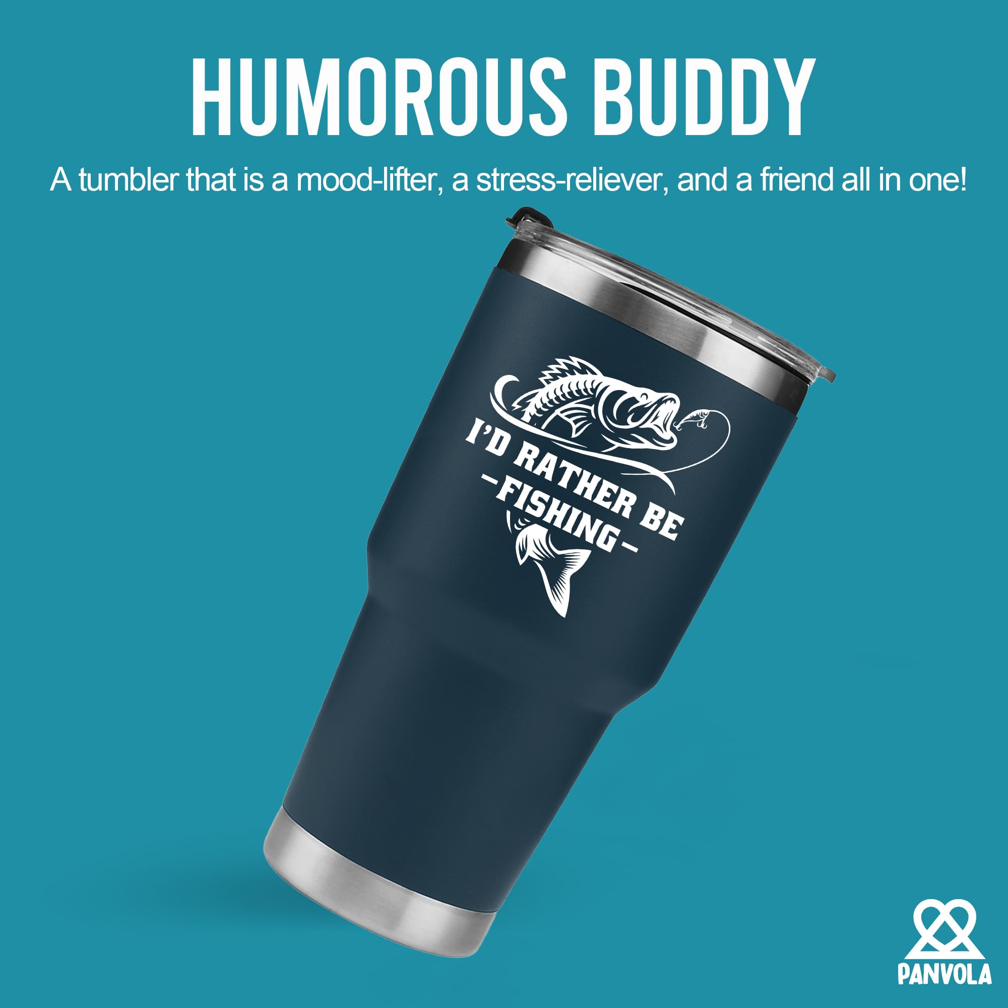 Panvola I'd Rather Be Fishing tumbler blue lid for spill free sipping