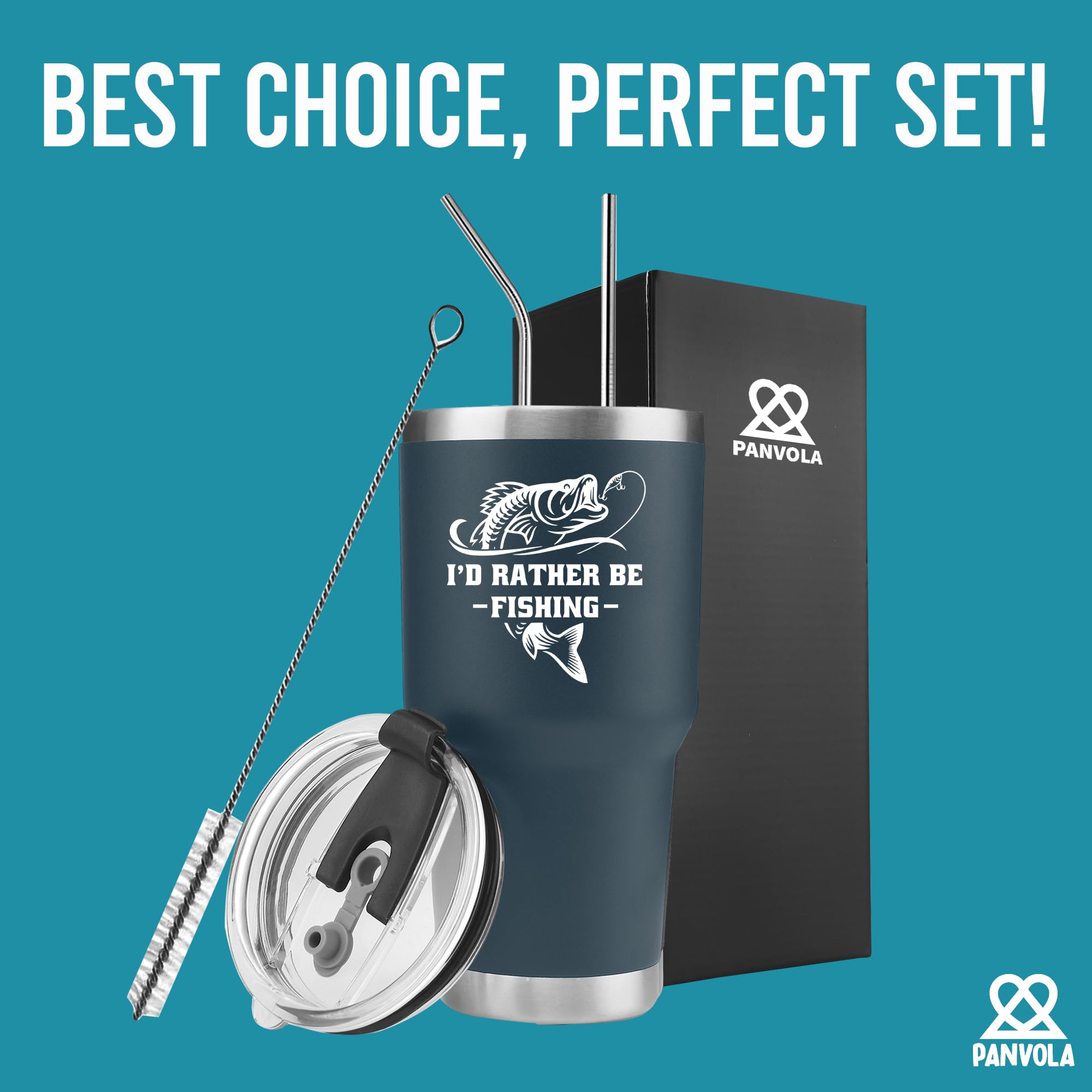 Panvola I'd Rather Be Fishing tumbler includes straw and cleaning brushes