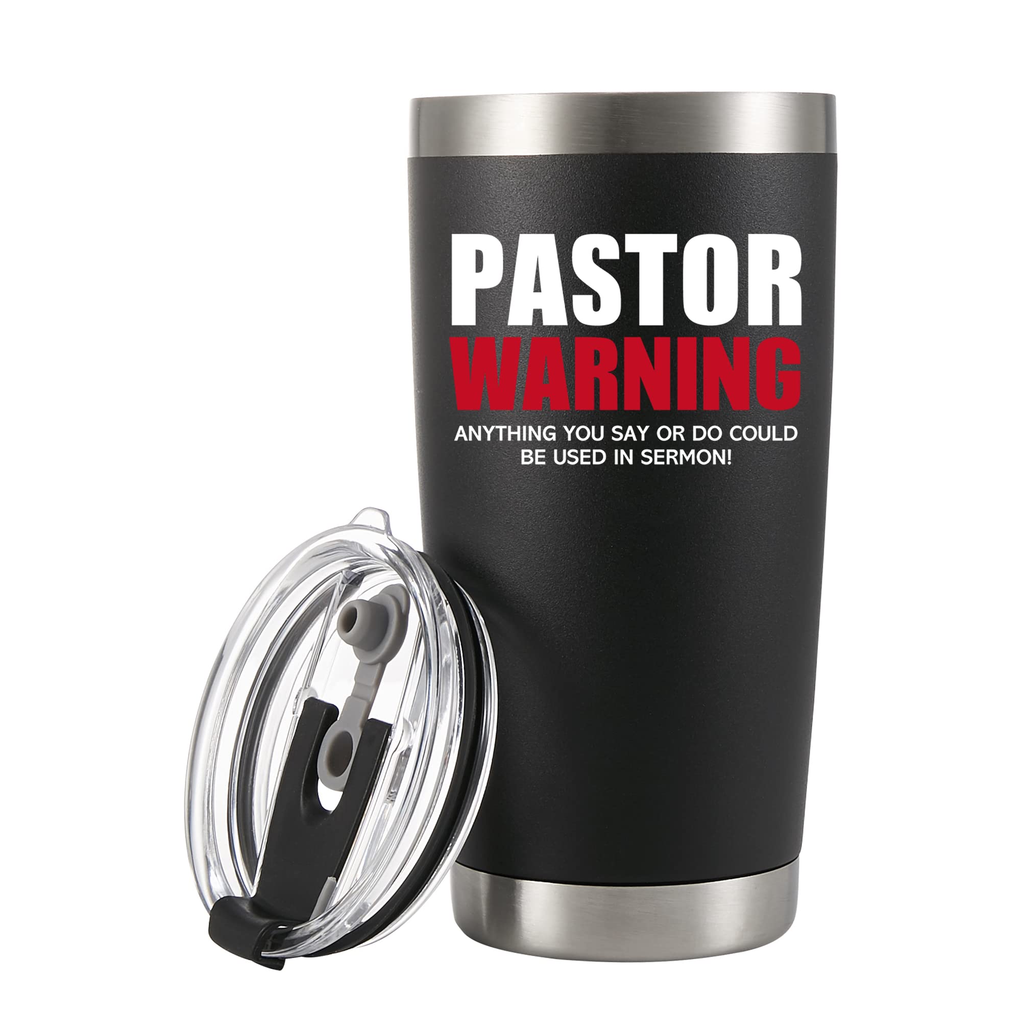 Panvola Pastor Warning Tumbler front view with durable stainless steel and playful message.