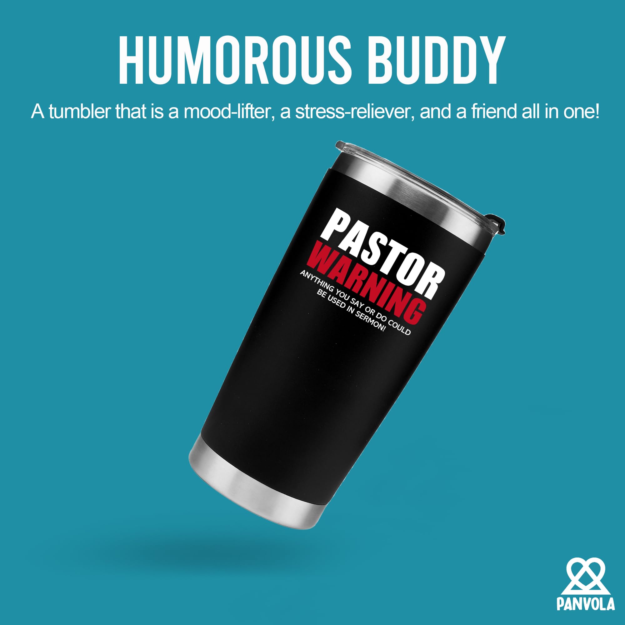 Panvola Pastor Warning Tumbler lid close-up highlights clear straw lid for easy sipping.