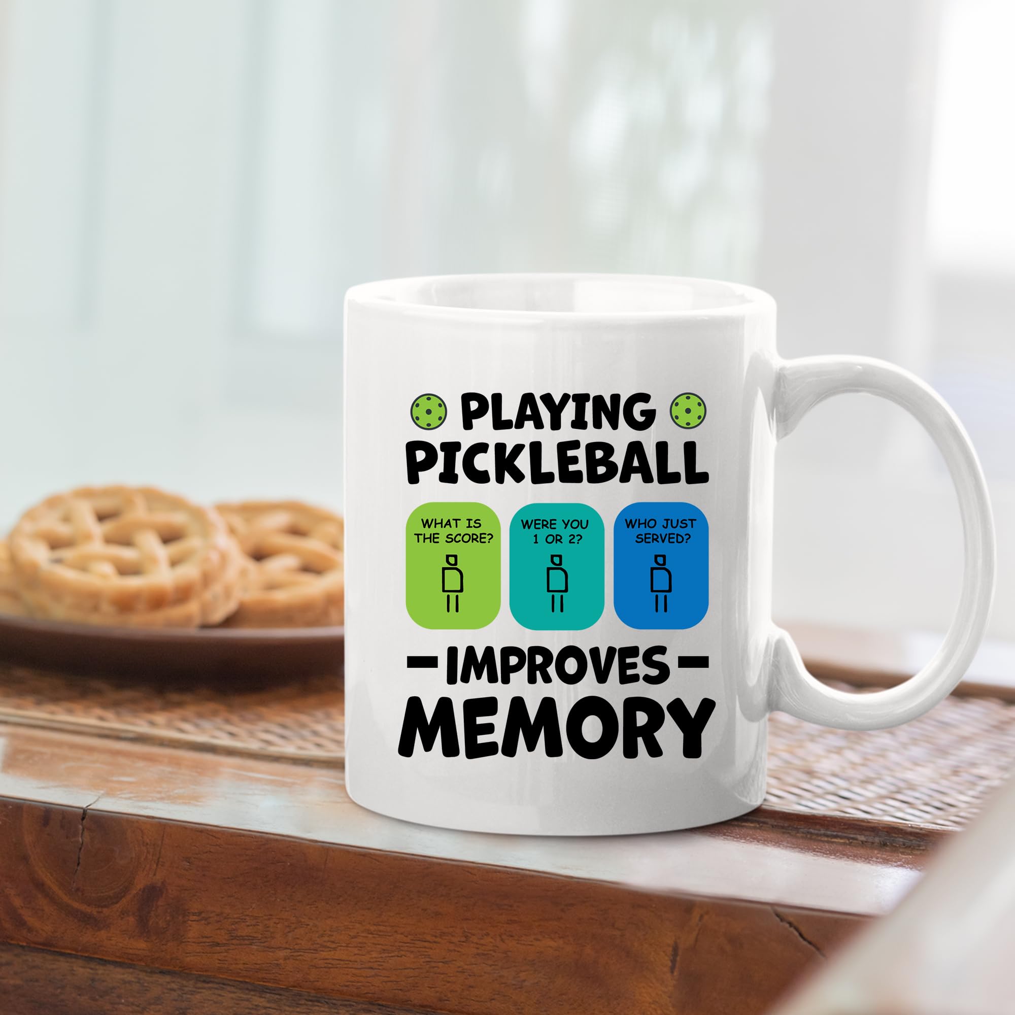 Panvola pickleball memory mug with coffee steam, perfect for crisp mornings