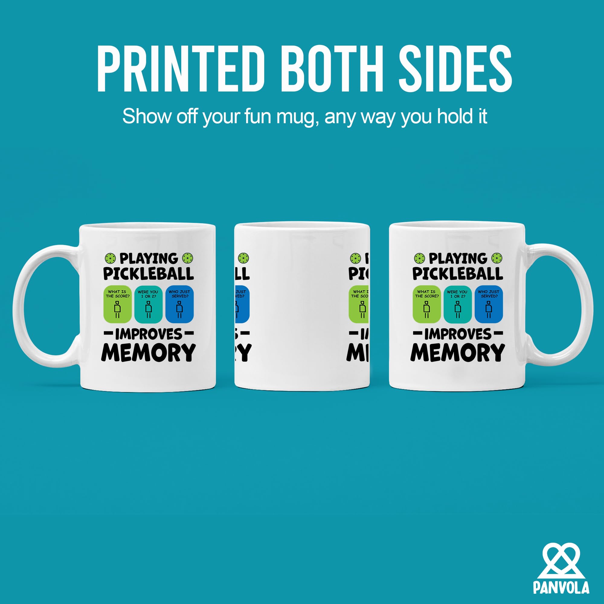 Panvola pickleball memory mug quote detail, playful desk companion