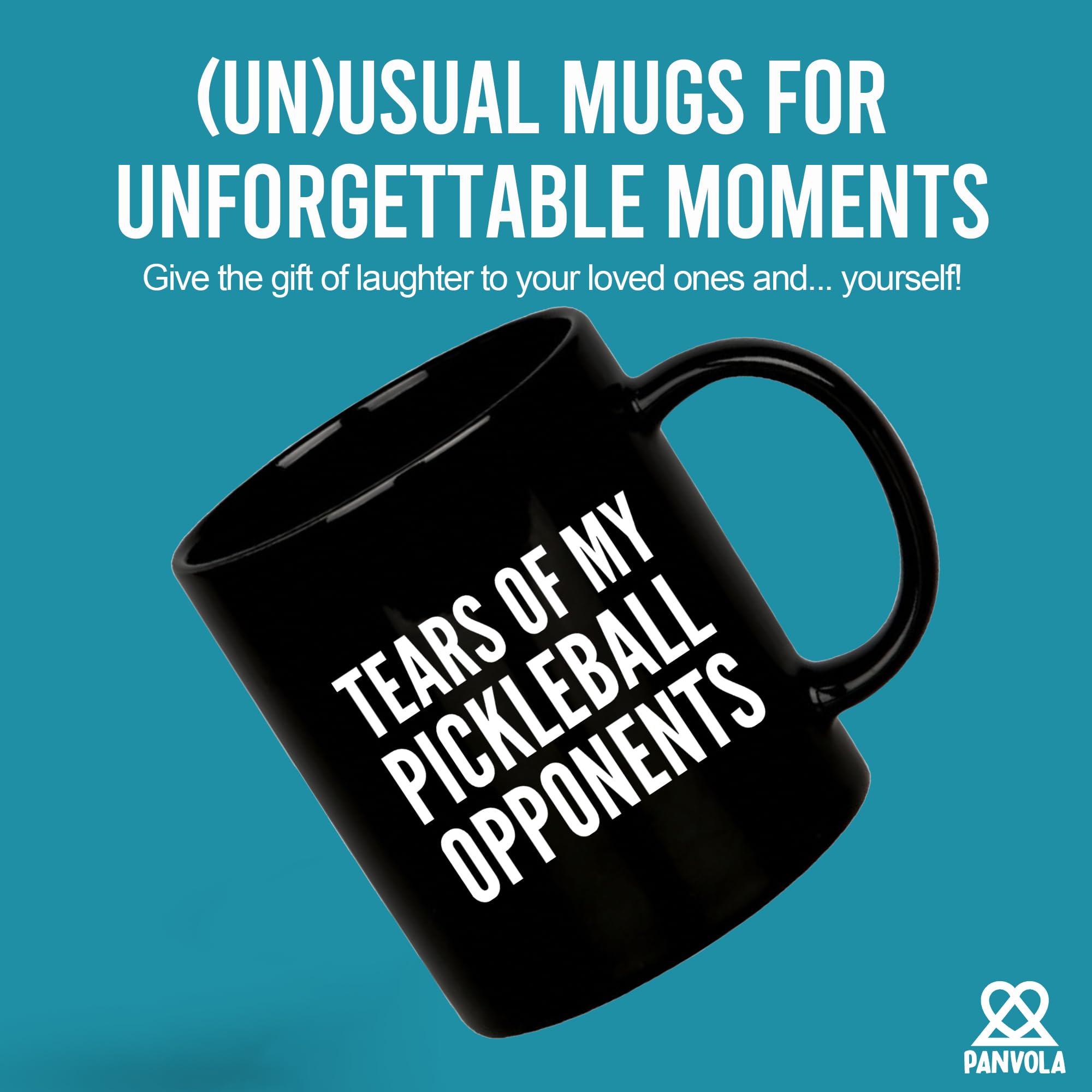 Panvola Tears of My Pickleball Opponents mug back view with bold print for gifting.
