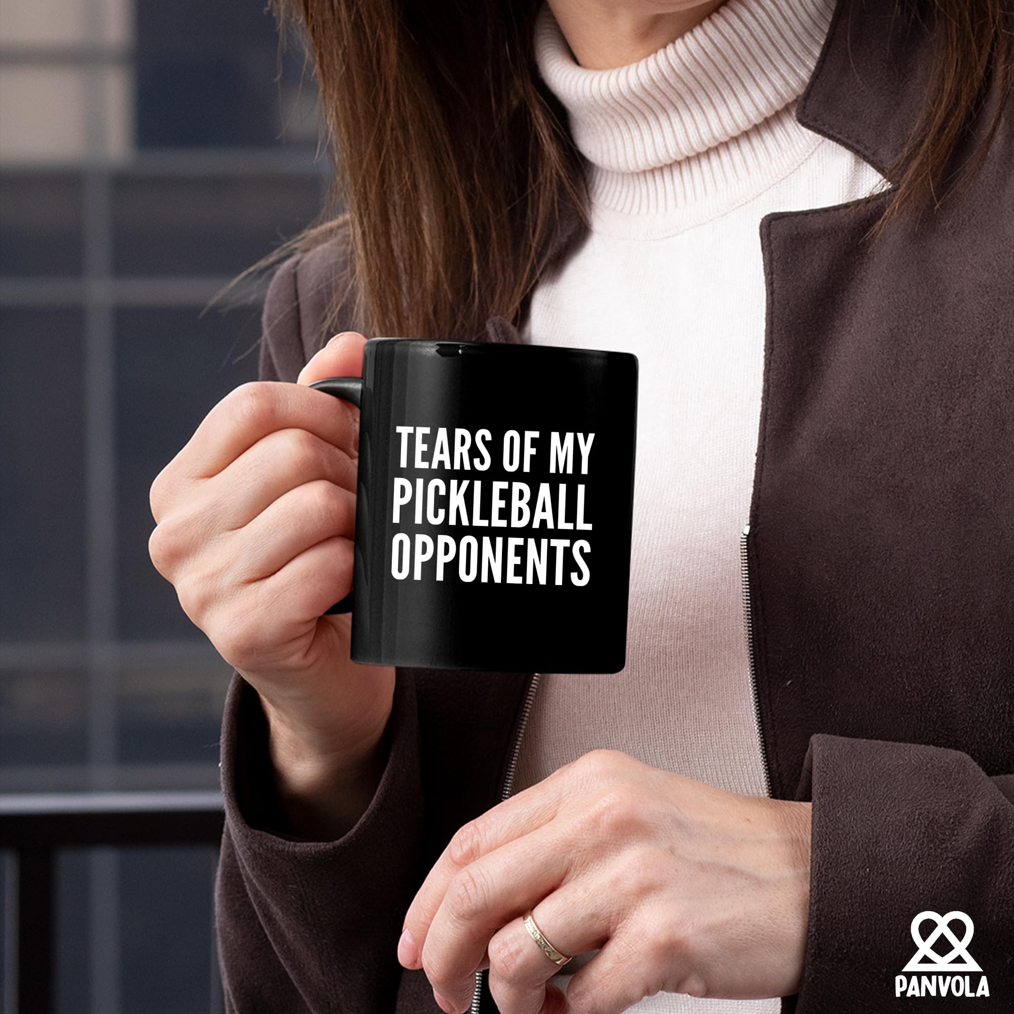 Panvola Tears of My Pickleball Opponents mug on a desk setup, great gift for players.