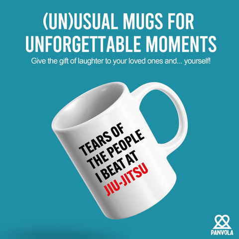 Panvola Tears of the People mug side view shows quote readable from either hand