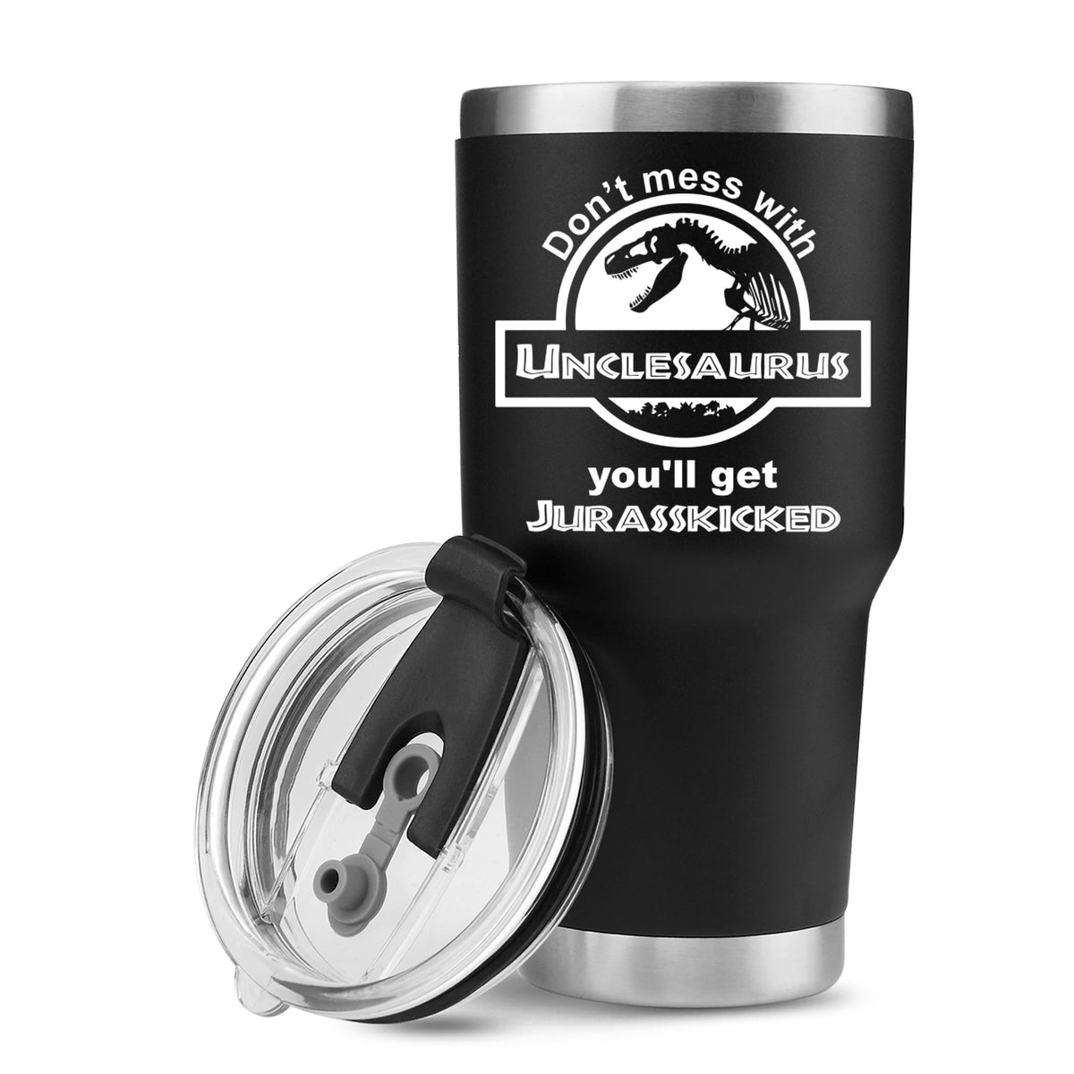Panvola Unclesaurus tumbler, front view, 30 oz capacity for long days.