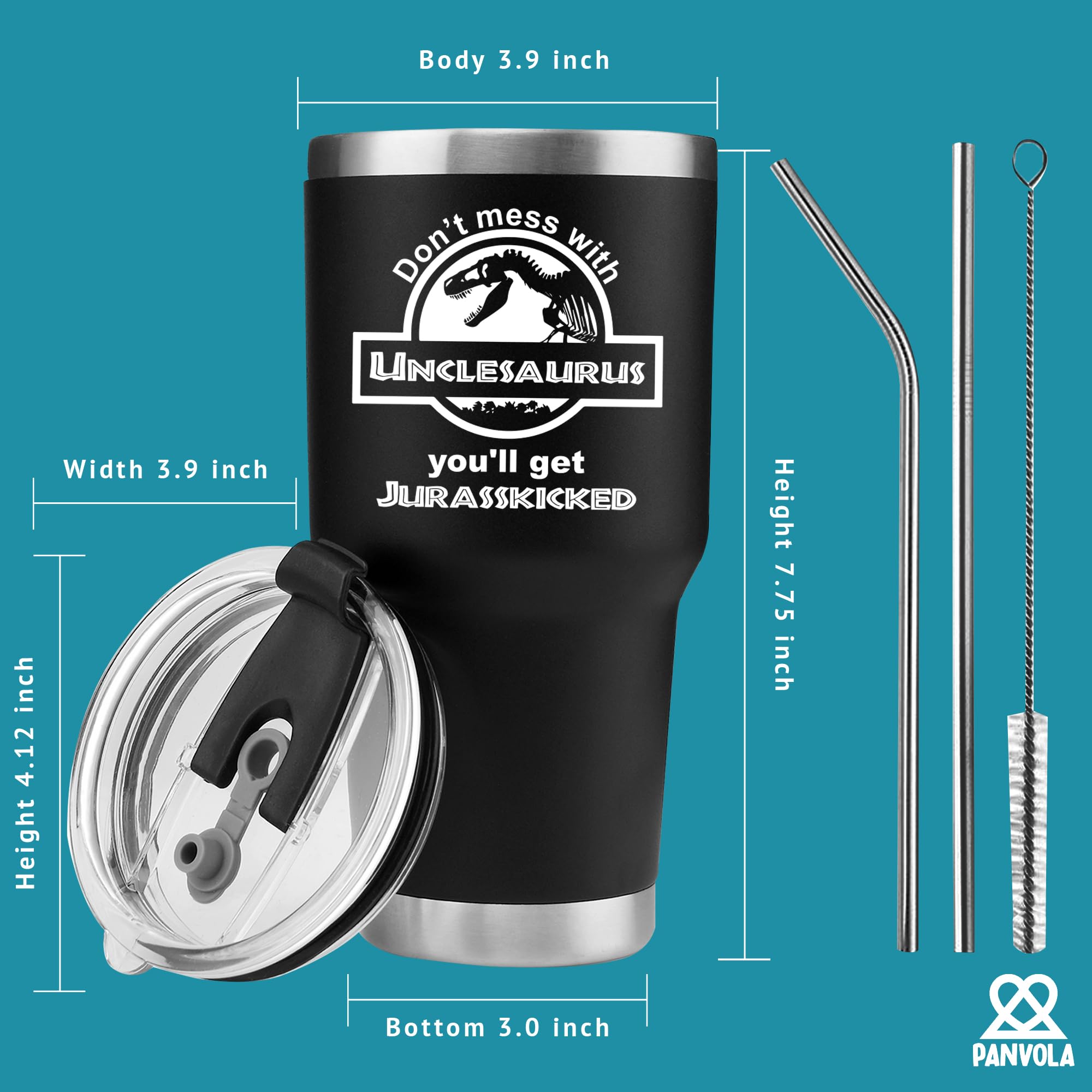 Panvola Unclesaurus tumbler, lid close-up, clear lid helps monitor beverage temperature.