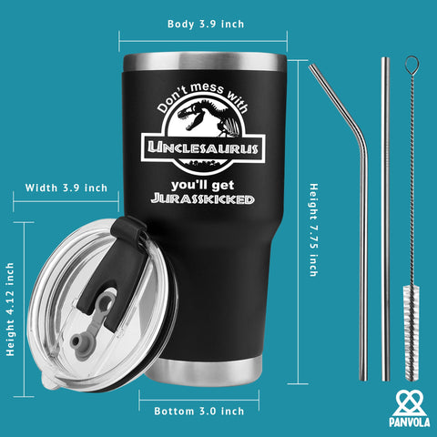 Panvola Unclesaurus tumbler, lid close-up, clear lid helps monitor beverage temperature.