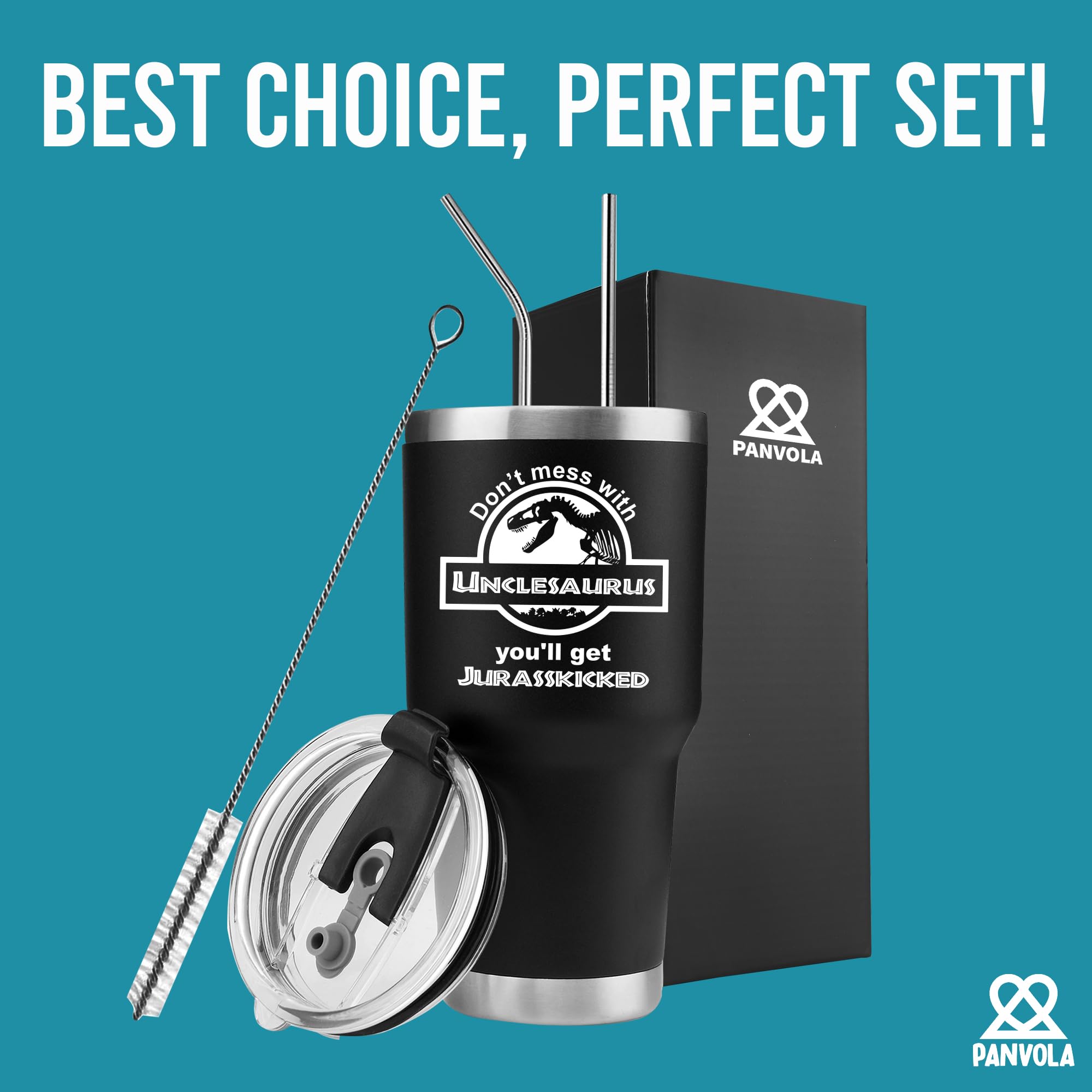 Panvola Unclesaurus tumbler, straw and brushes included for easy cleaning.