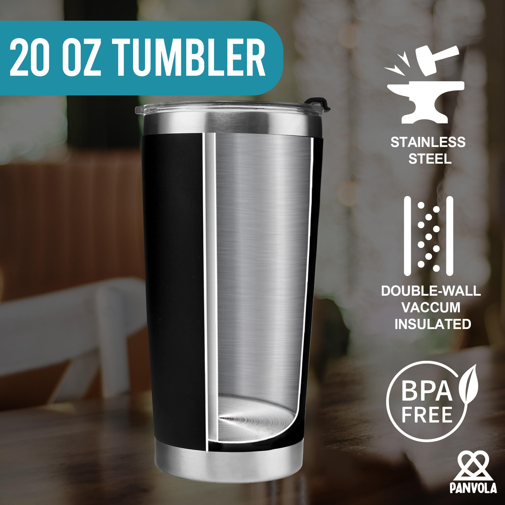 Panvola vacuum insulated stainless steel keeps drinks hot or cold.