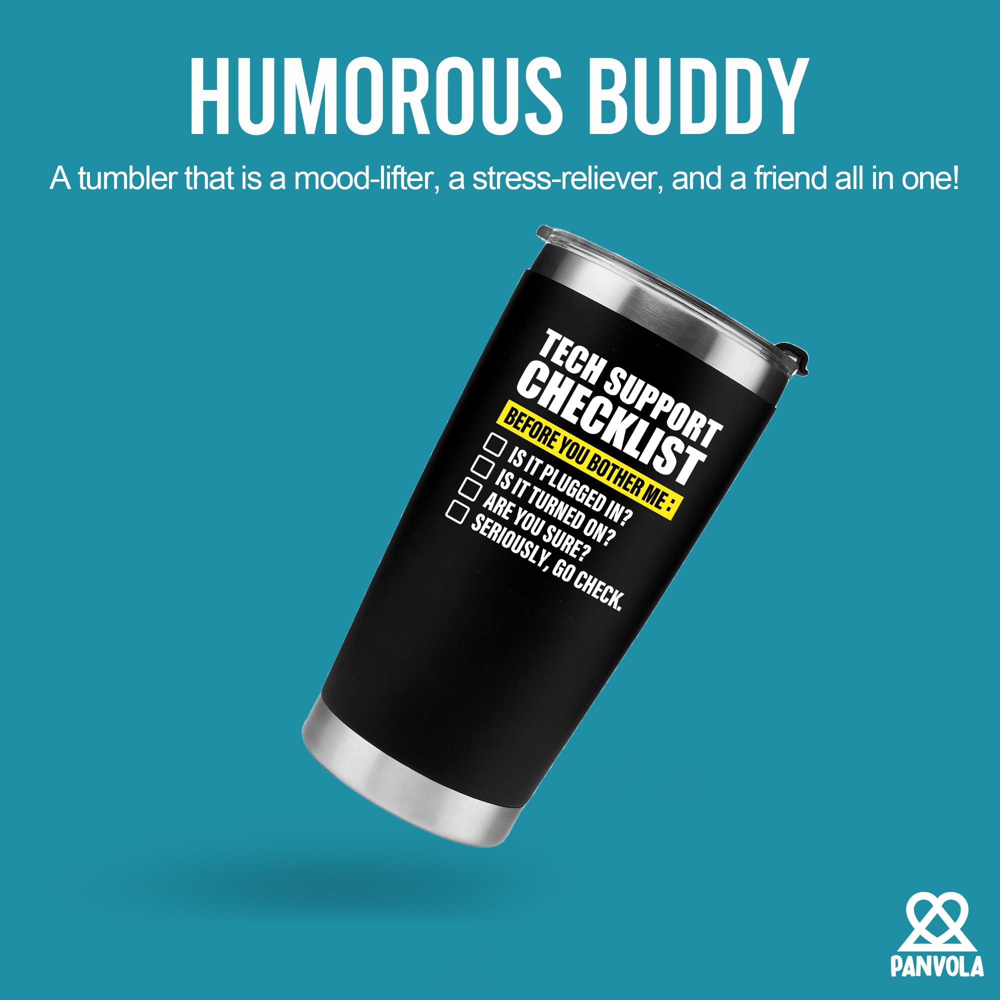 Panvola vacuum insulated tumbler keeps hot and cold beverages on the go.