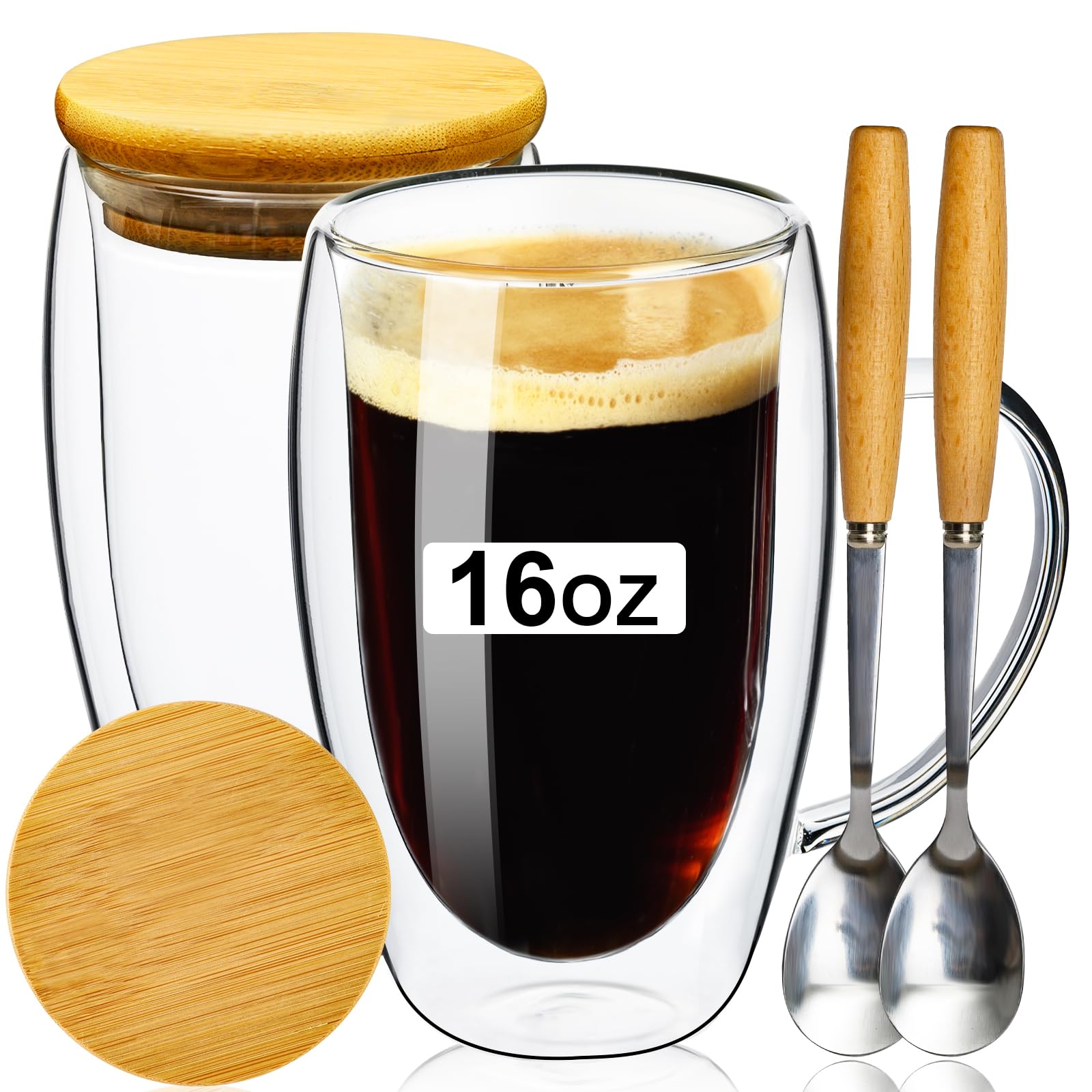 PARACITY 16oz double-wall mug with bamboo lid and spoon for spill-free serving