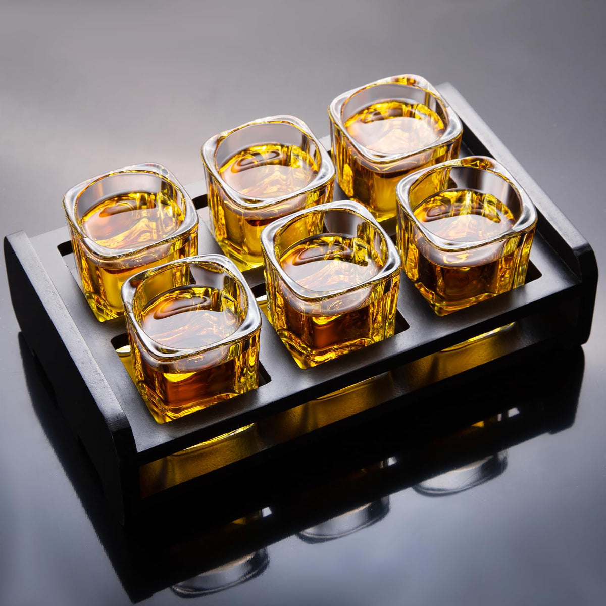 PARACITY 6-pack shot glasses set with holder on table for organized entertaining.