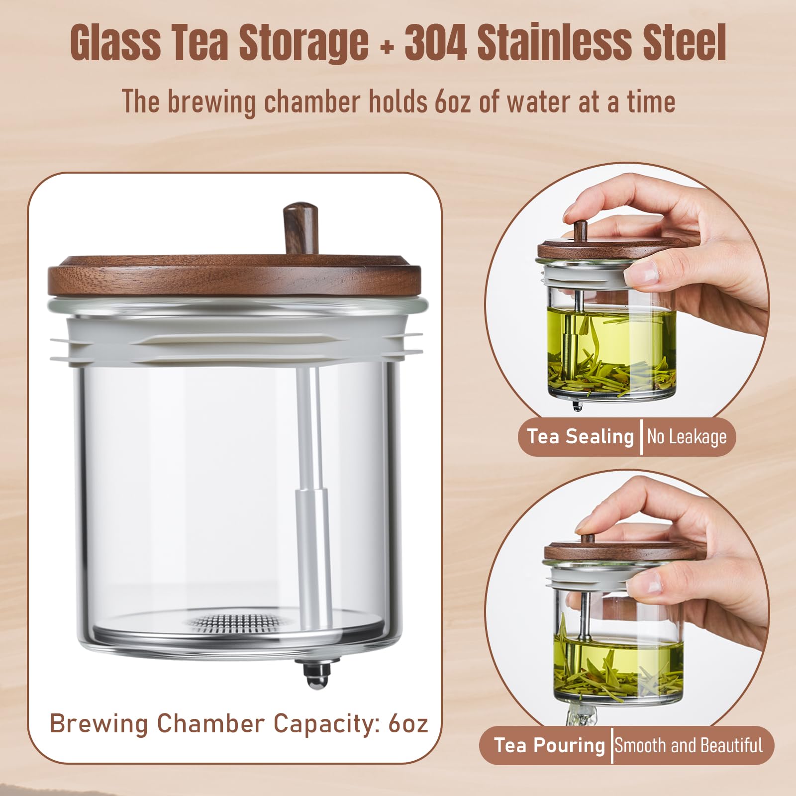 Durable borosilicate glass highlights clear color of tea.
