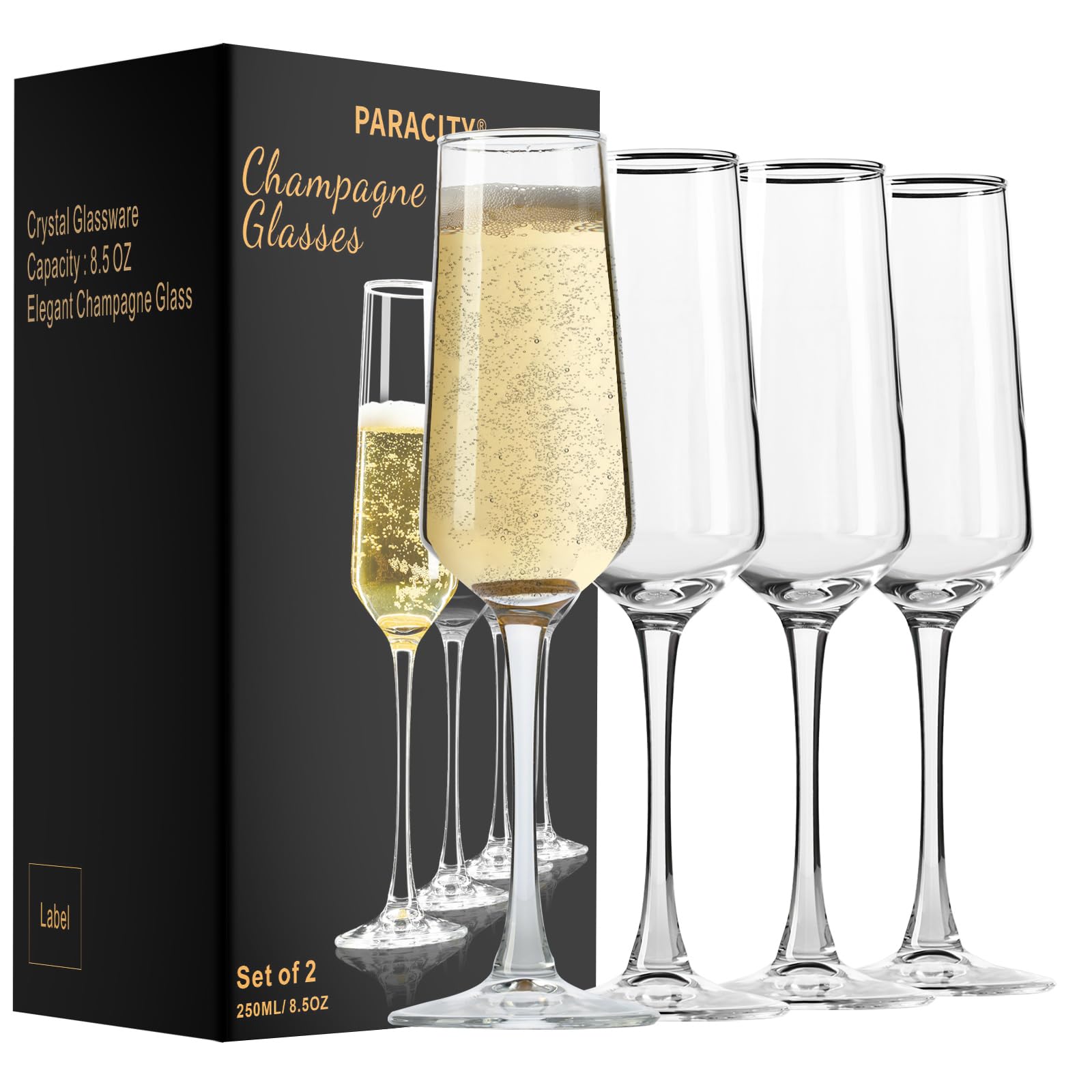 Paracity champagne flutes set of 4, 8.5 oz, ideal for celebrations.