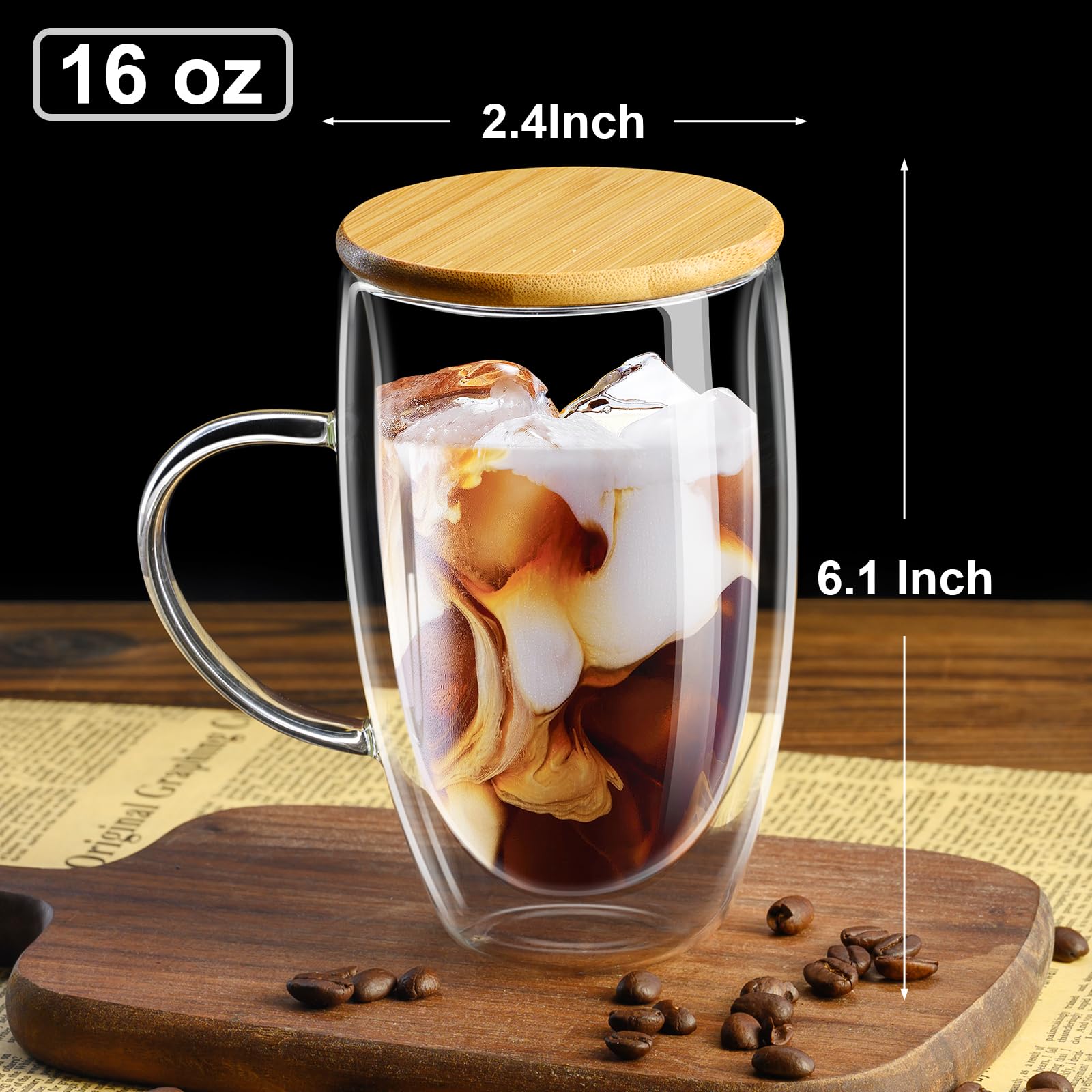 PARACITY glass coffee mug set with handles, ideal for latte or cappuccino