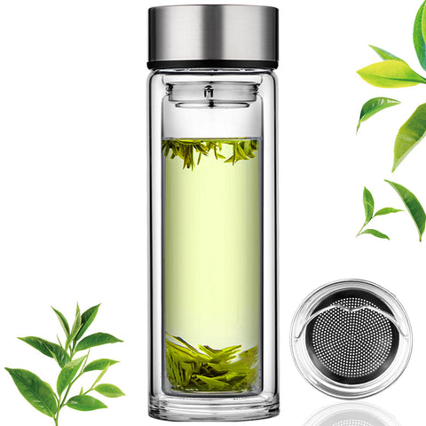PARACITY glass tea infuser bottle 12oz pouring hot tea safely on the go.