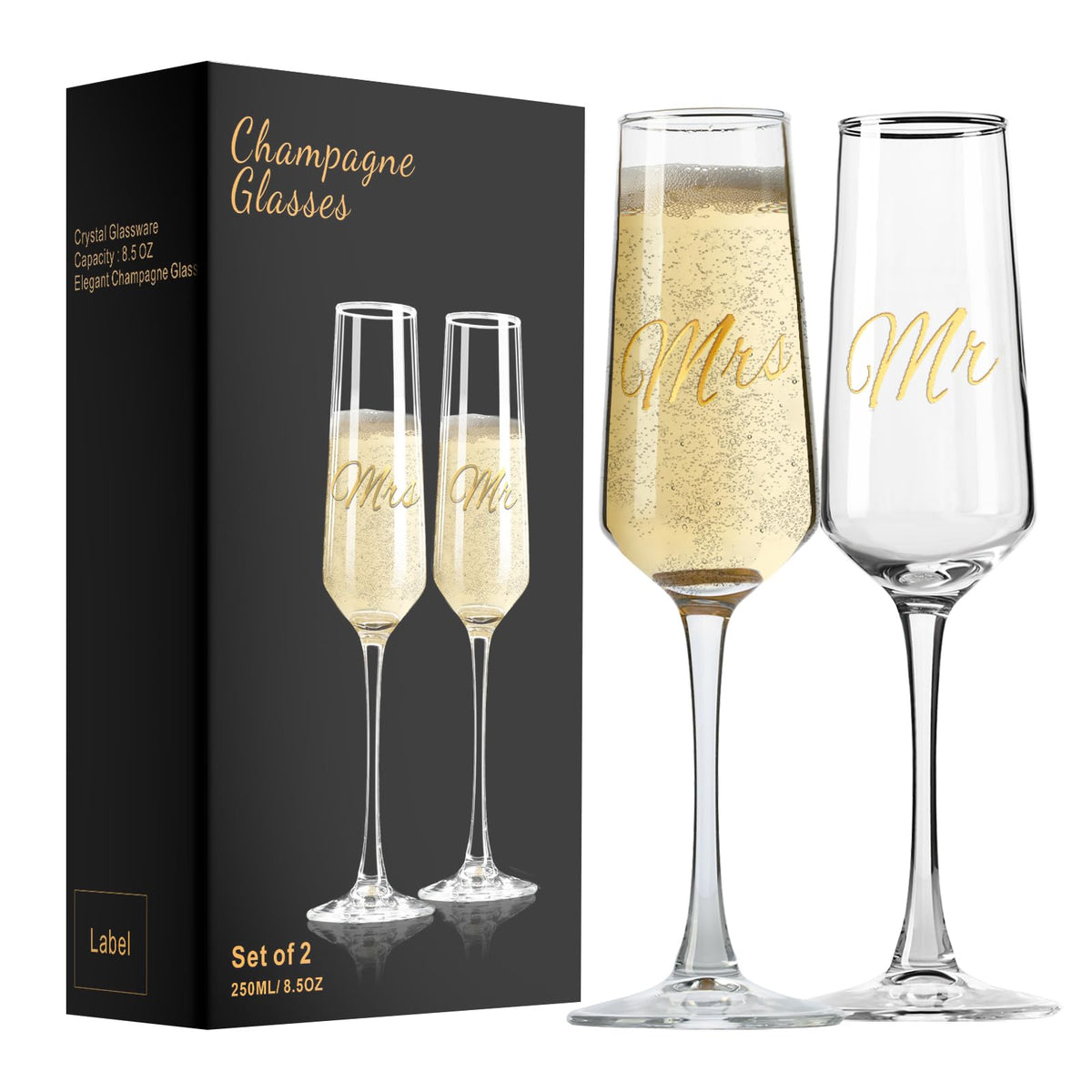 PARACITY Mr and Mrs wedding champagne flutes set for toasts