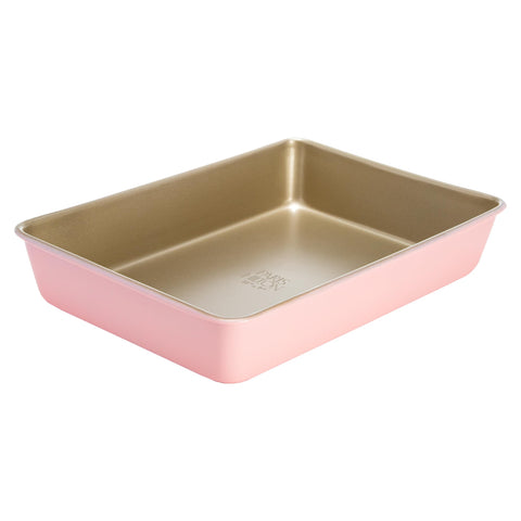 Paris Hilton 13x9 pan top view; durable carbon steel for even browning.