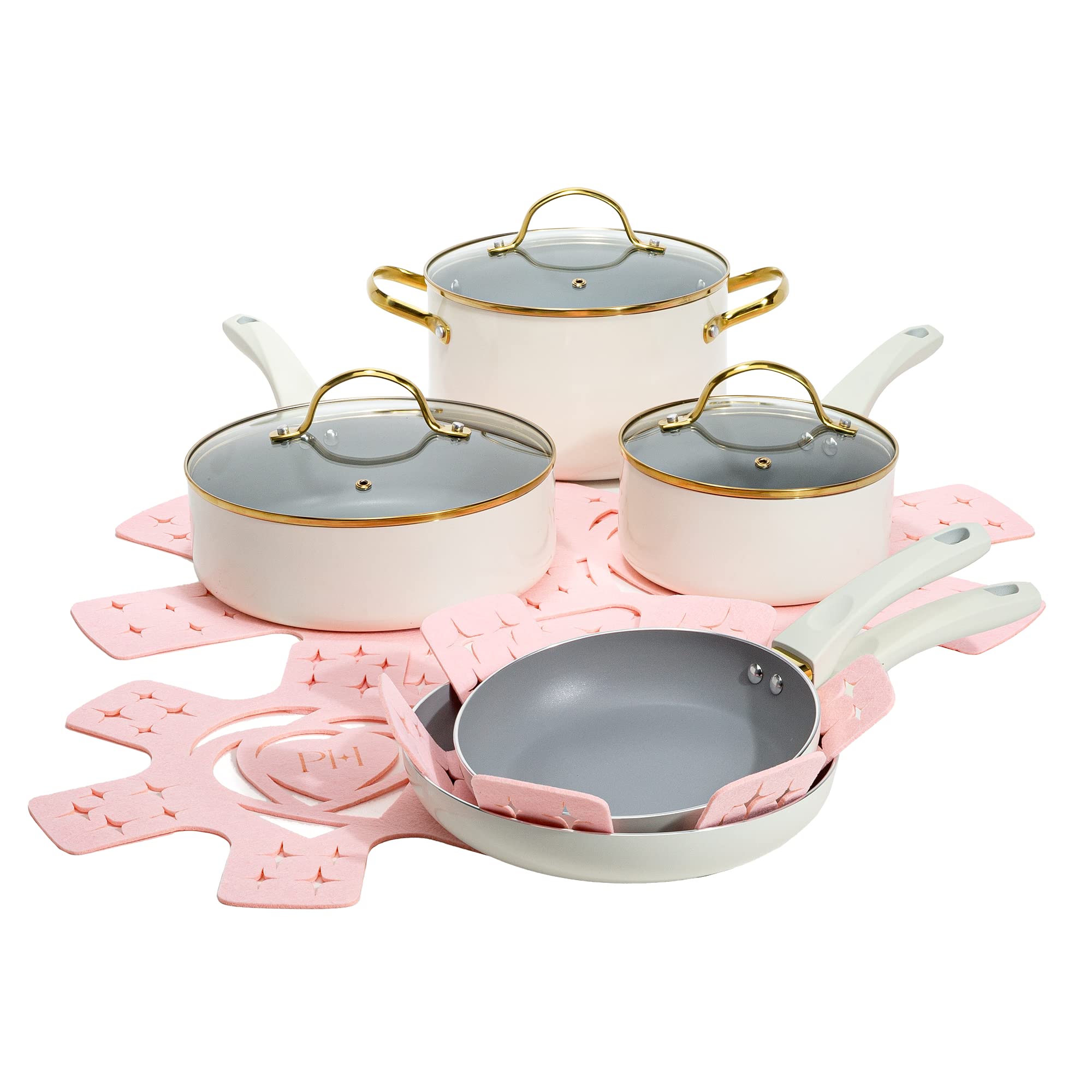 Paris Hilton Epic nonstick cookware set in cream with 12 pieces and easy food release