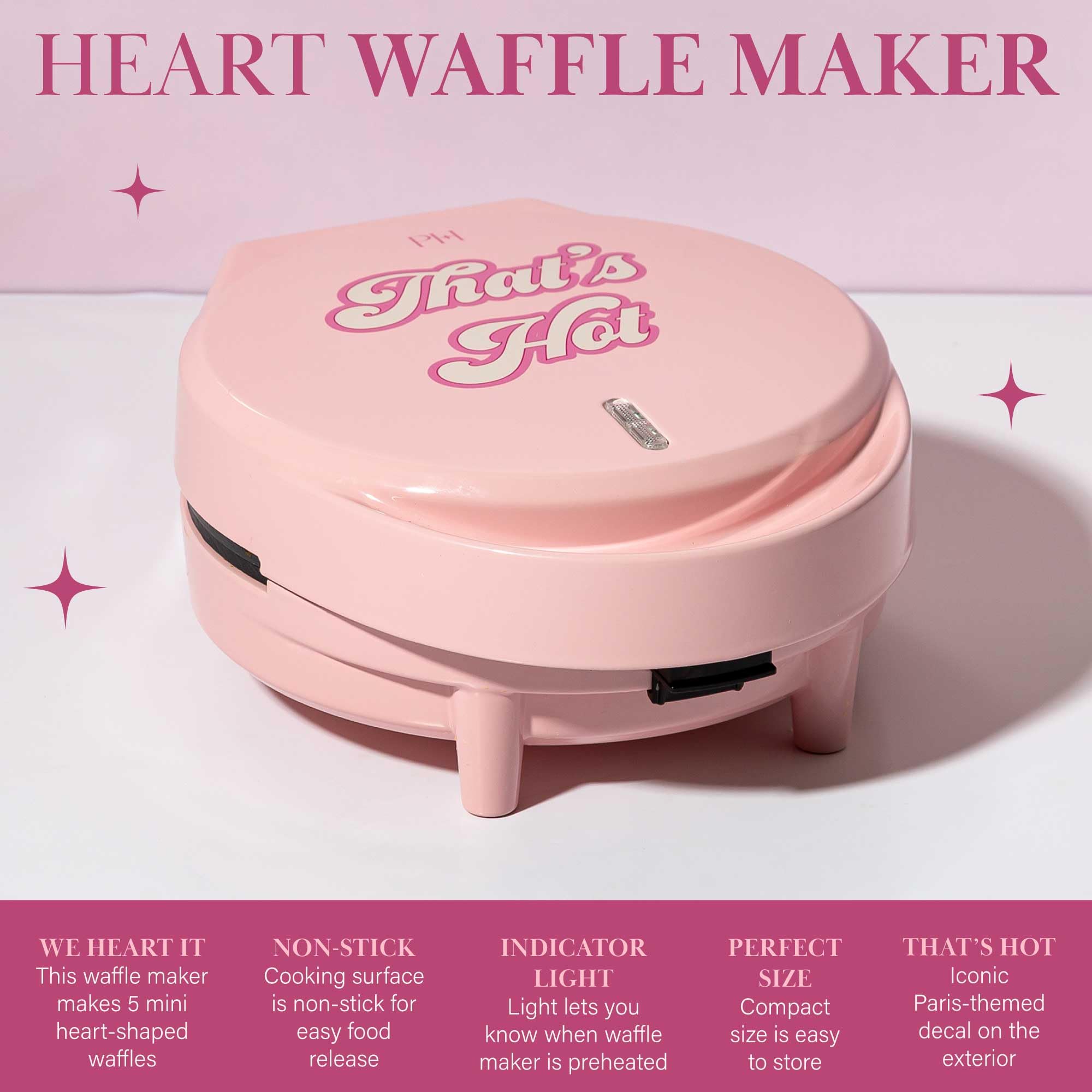 Paris Hilton heart waffle maker showing heat indicator light for ready-to-cook