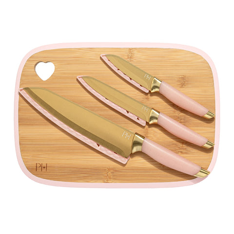 Paris Hilton reversible bamboo cutting board with heart cutout for stylish prep and space saving