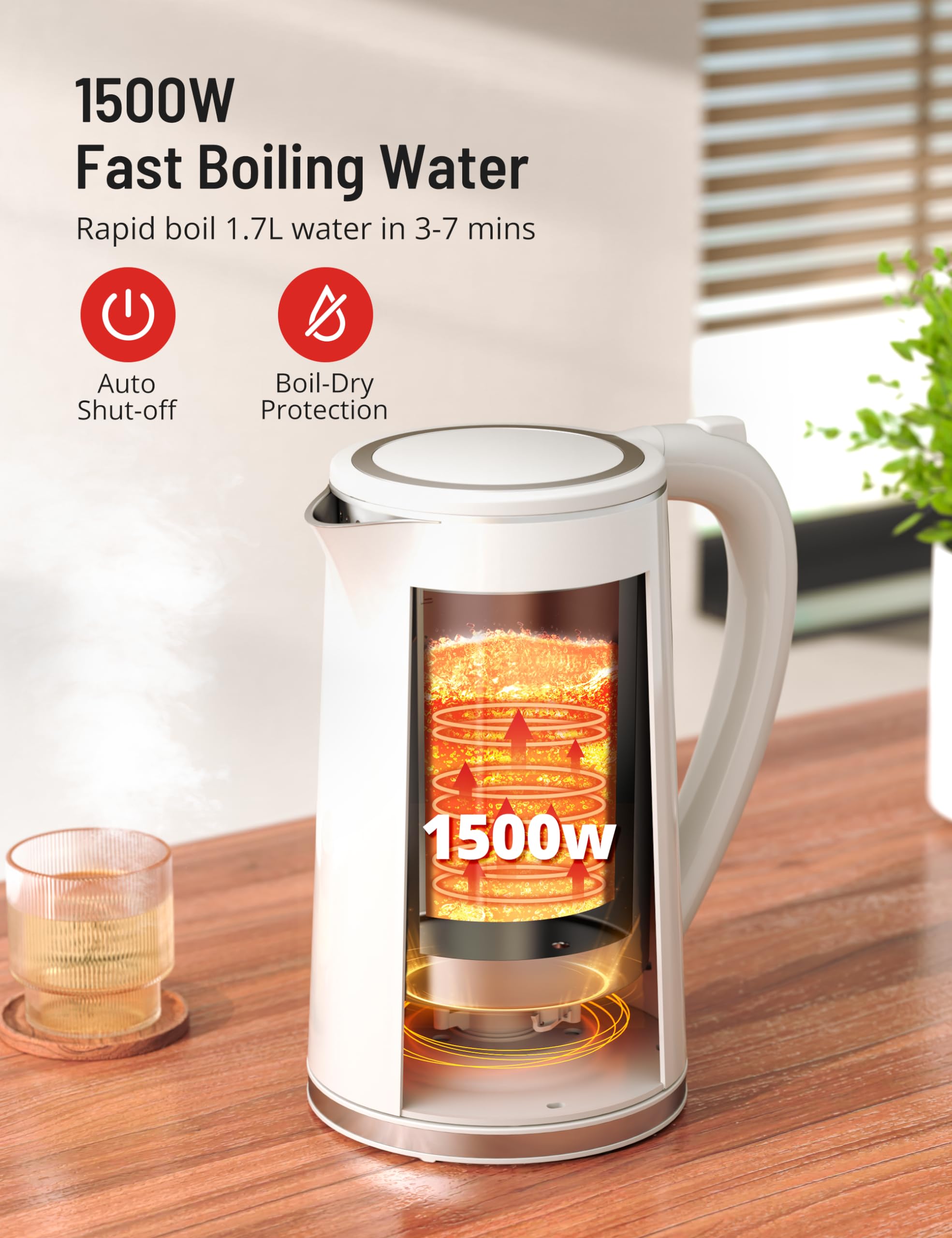 PARIS RHÔNE 1500W kettle delivering rapid boiling for busy mornings.