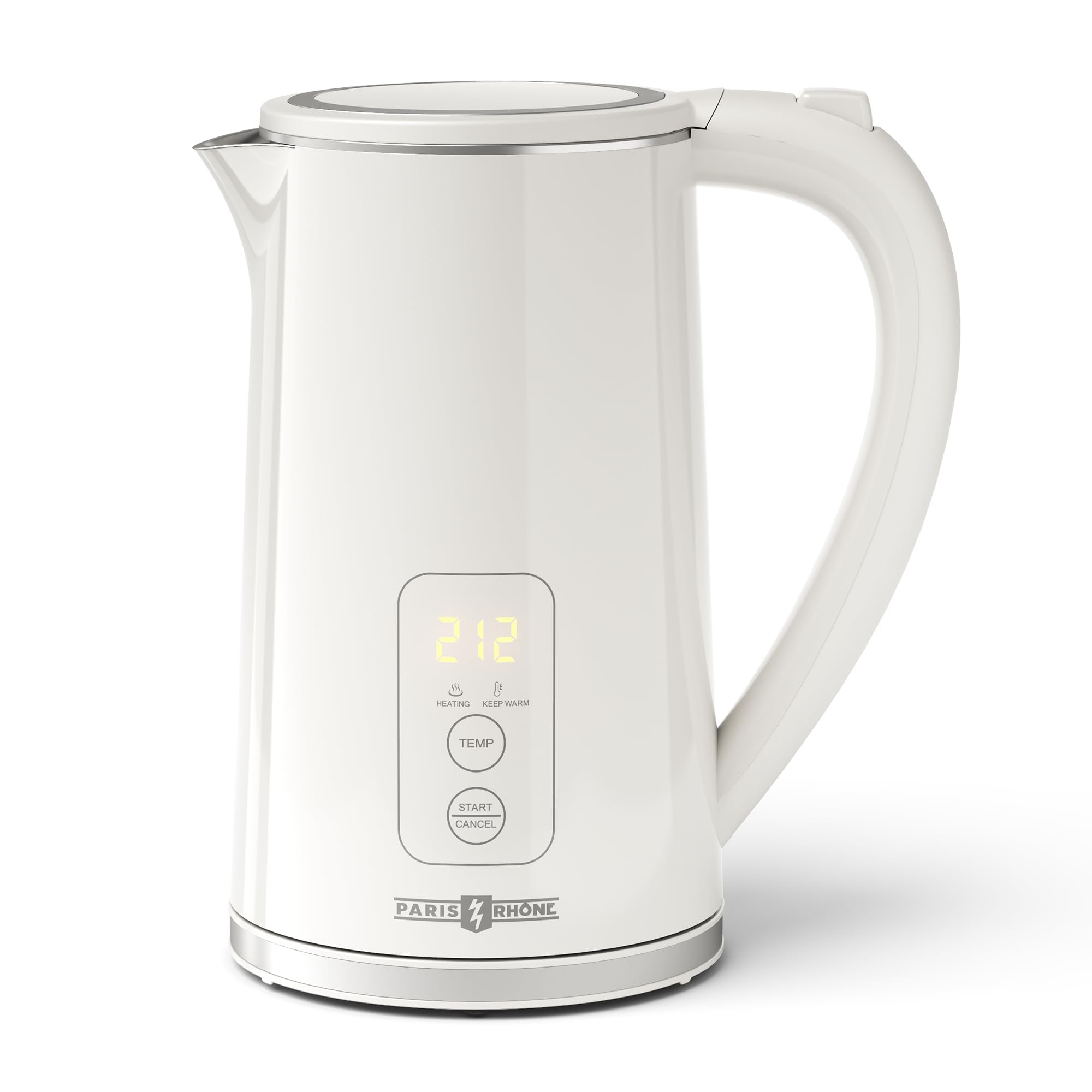 PARIS RHÔNE electric kettle front view with digital temperature display for precise brewing.