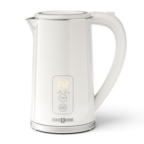 PARIS RHÔNE electric kettle front view with digital temperature display for precise brewing.