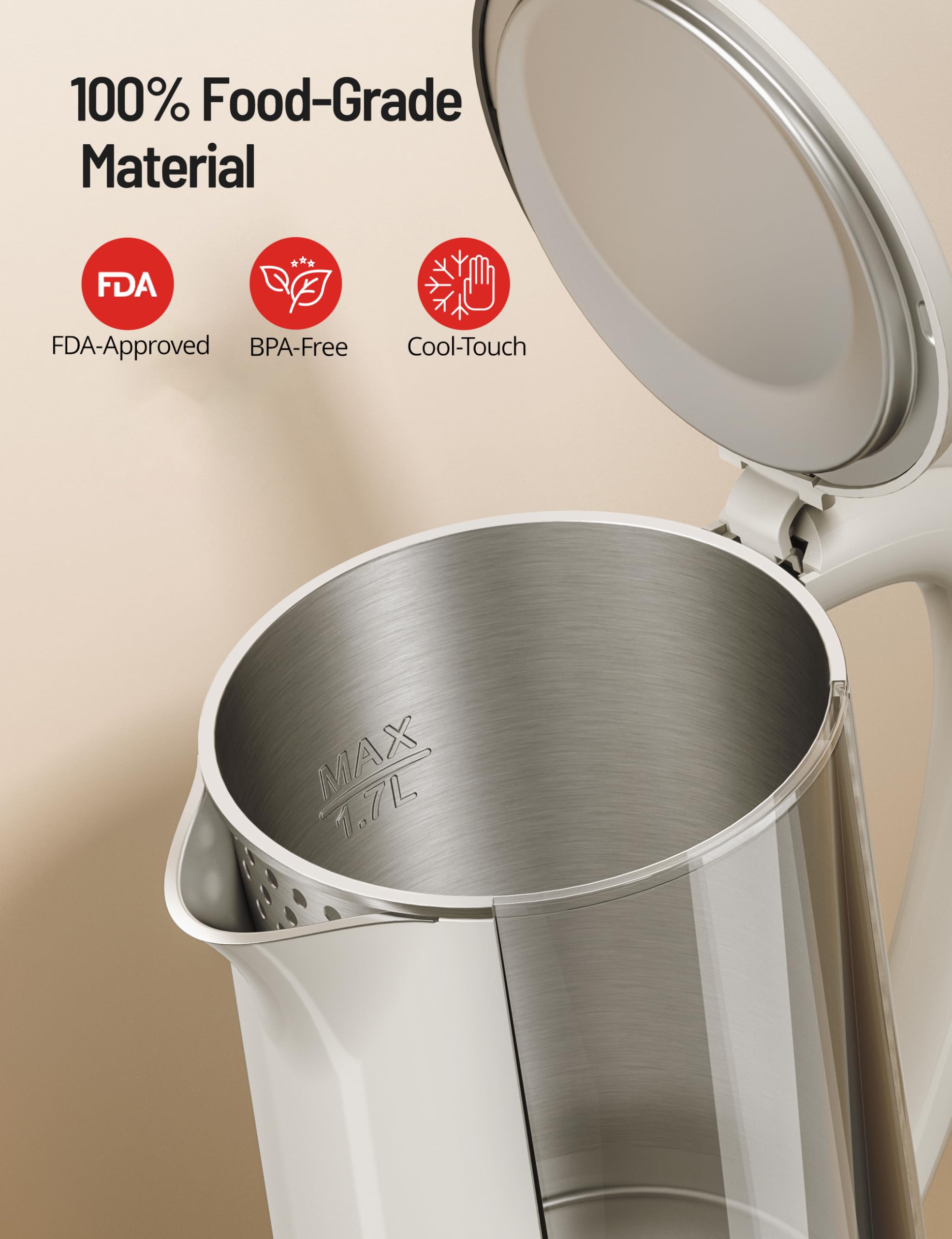 Keep-warm function on PARIS RHÔNE kettle maintaining temperature for up to four hours.