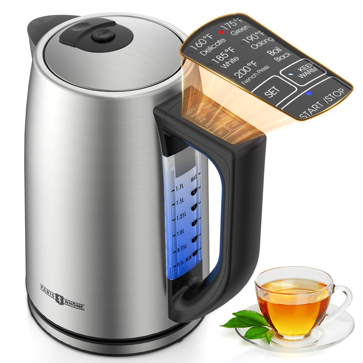 Paris Rhône electric kettle with LED light displaying presets for precise brewing.