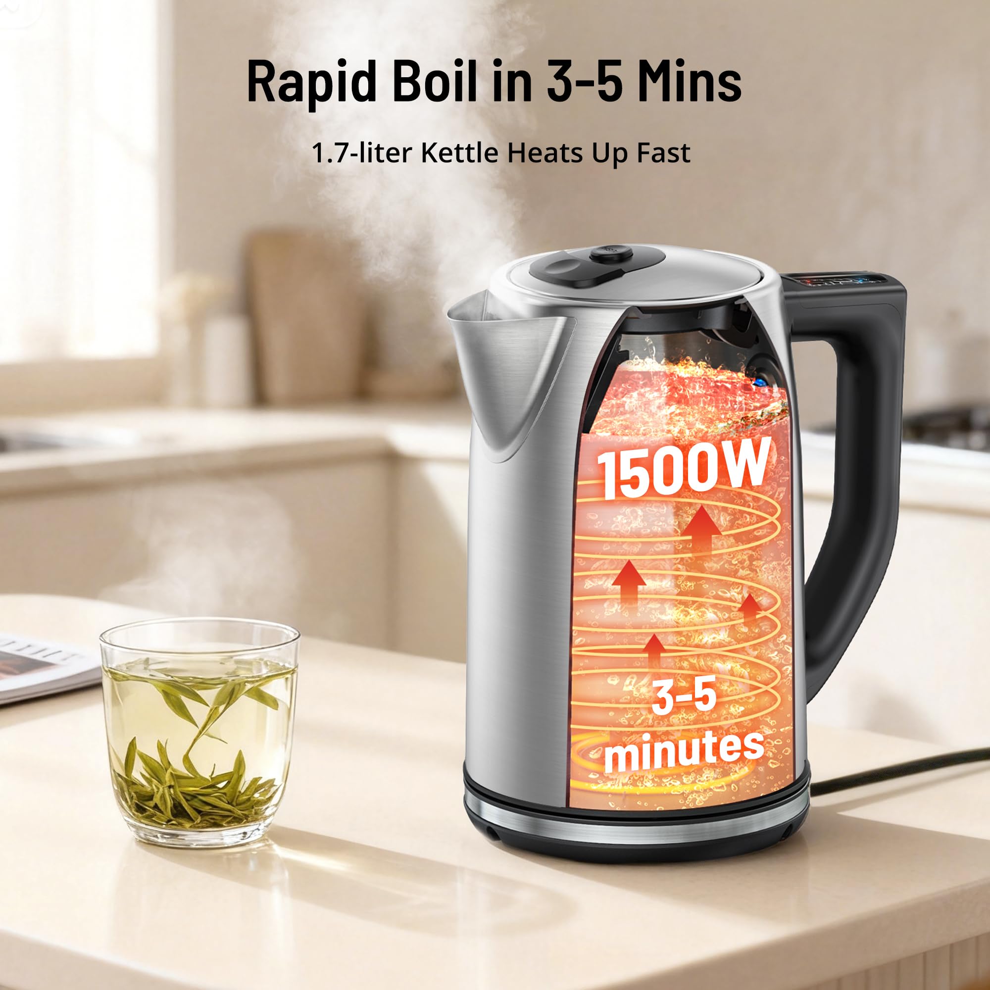 Paris Rhône electric kettle viewed from the side highlighting a sleek stainless-steel finish.