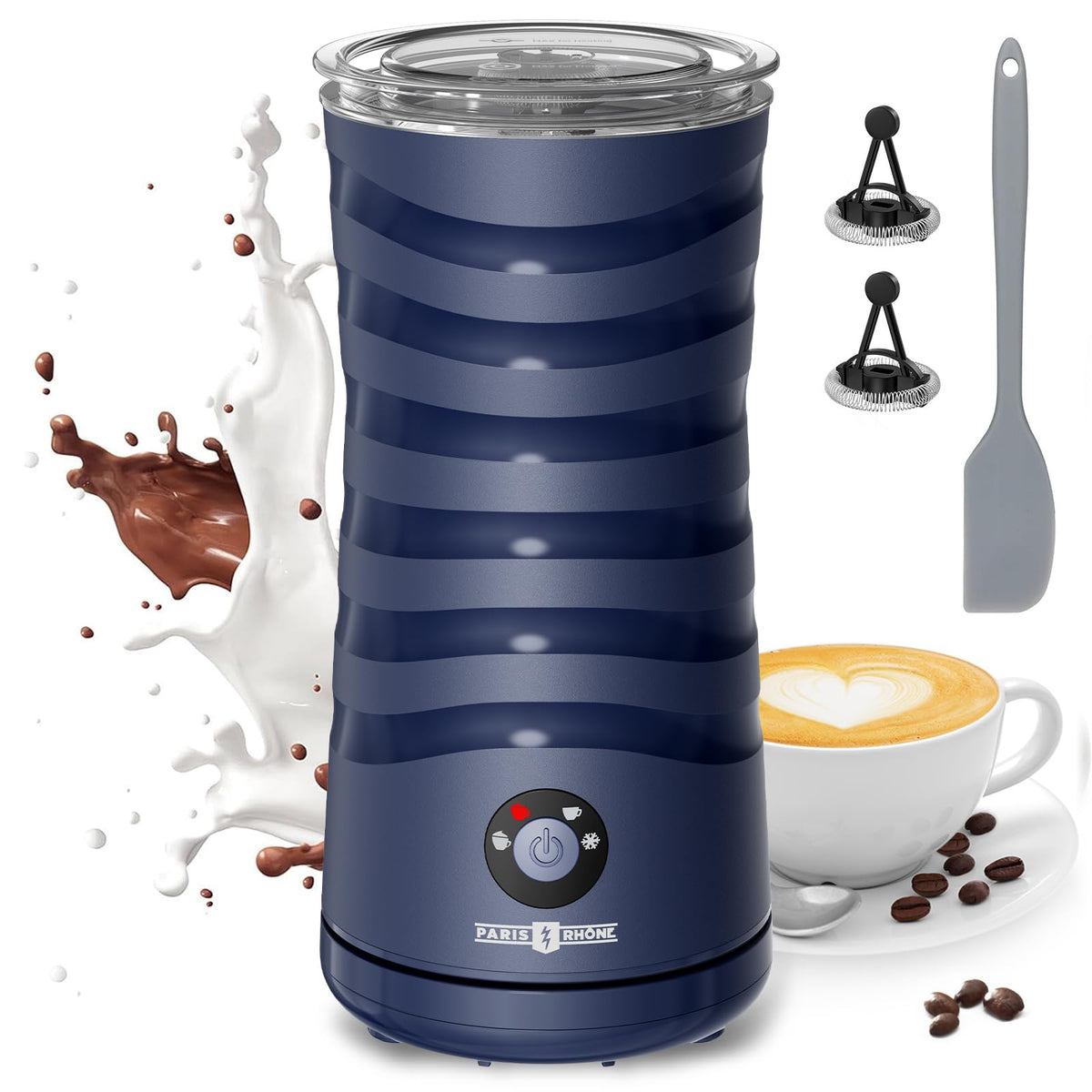 Paris Rhône four-in-one milk frother with Eiffel silhouette for café-style froth at home.