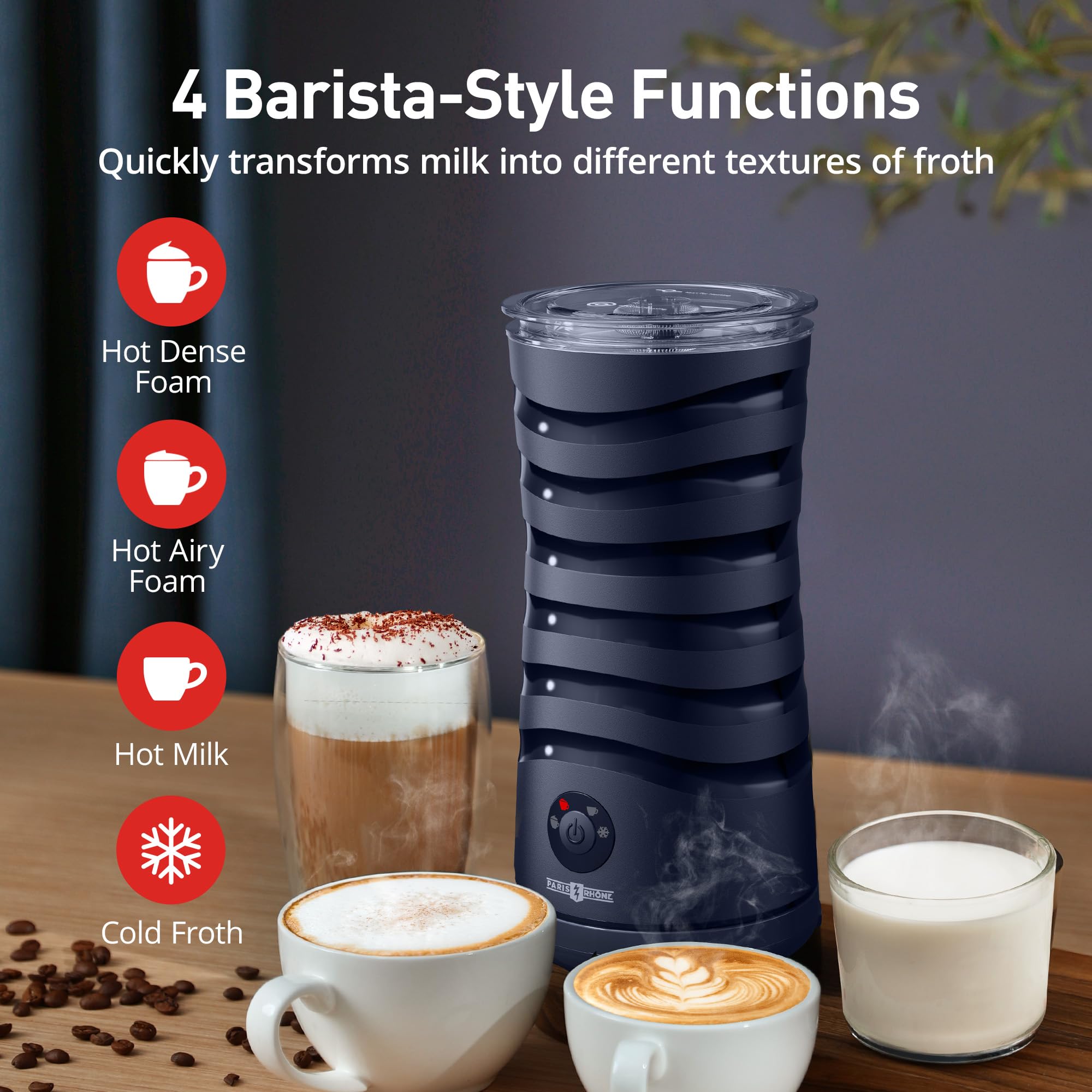 Paris Rhône frother with four levels for barista-style drinks.