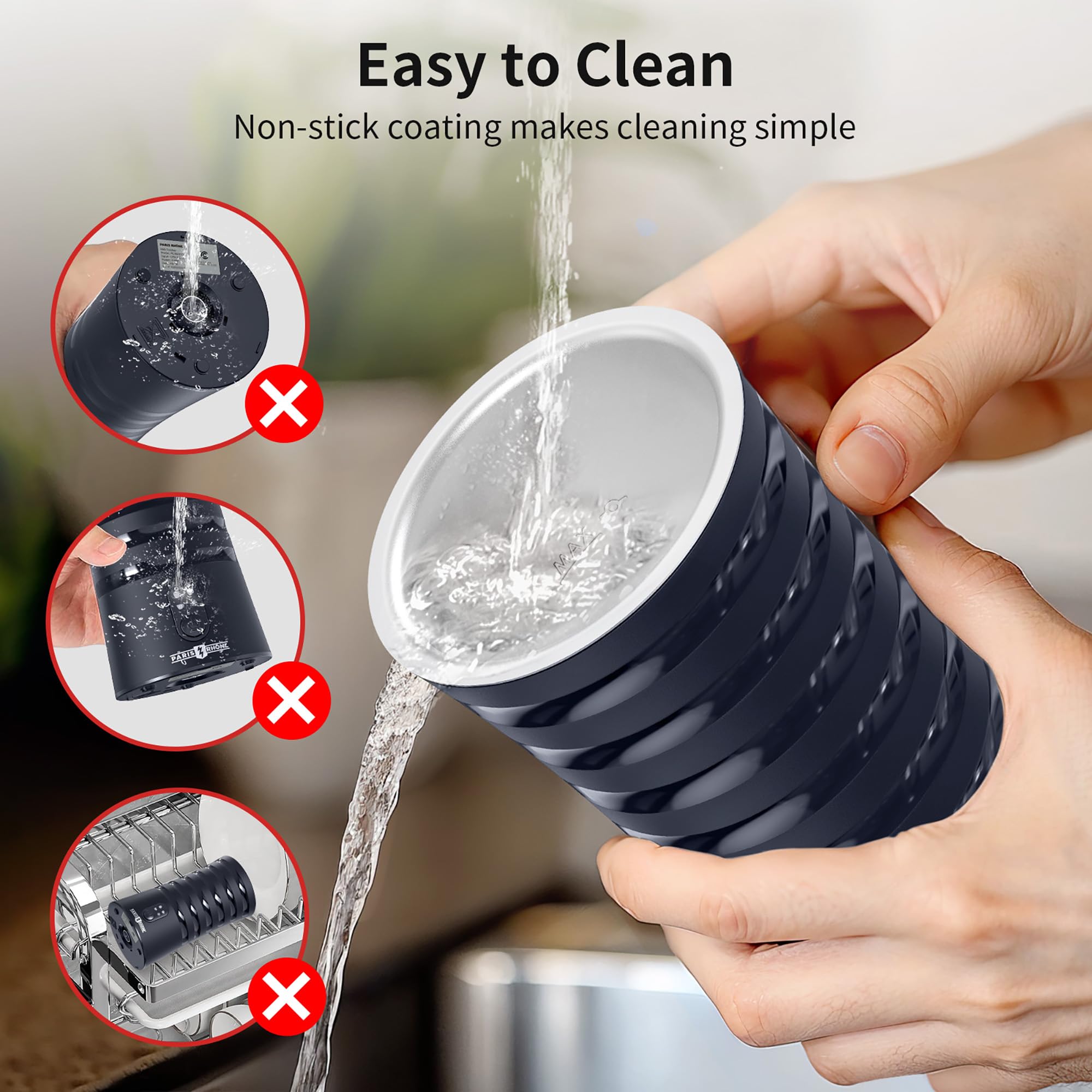 Paris Rhône frother with non-stick interior for easy cleanup after use.
