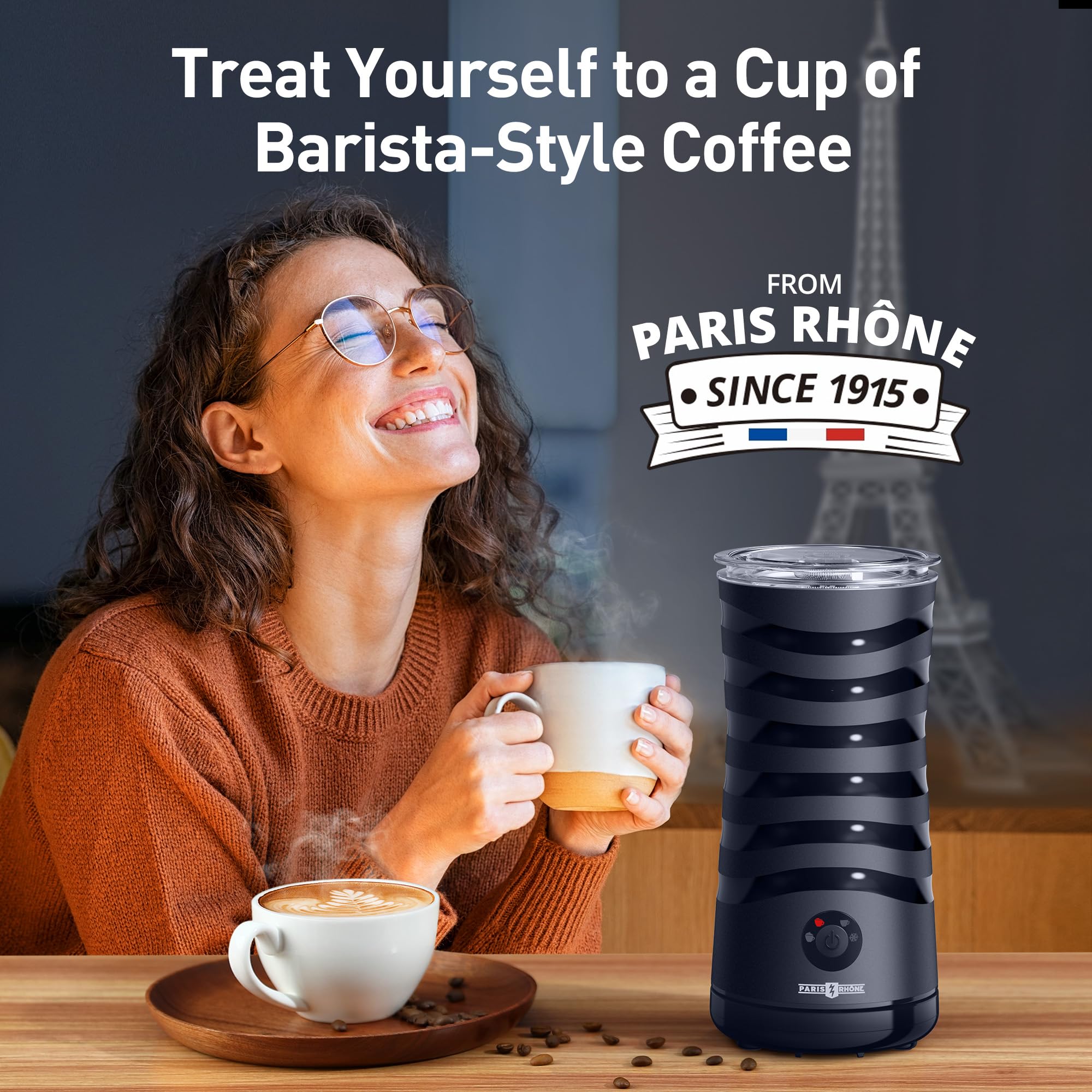 Paris Rhône frother allows temperature control up to 70°C for warm drinks.